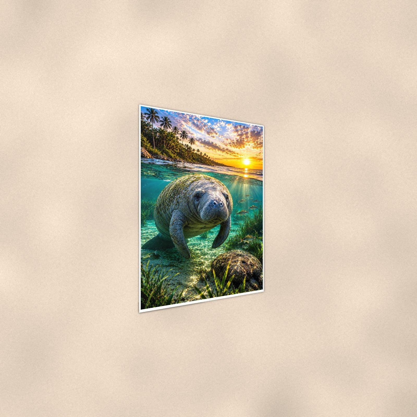 Manatee — 24x36 in art print poster, premium luster paper with a white border; steeper three-quarter angle on a warm wall, catching the luster sheen.