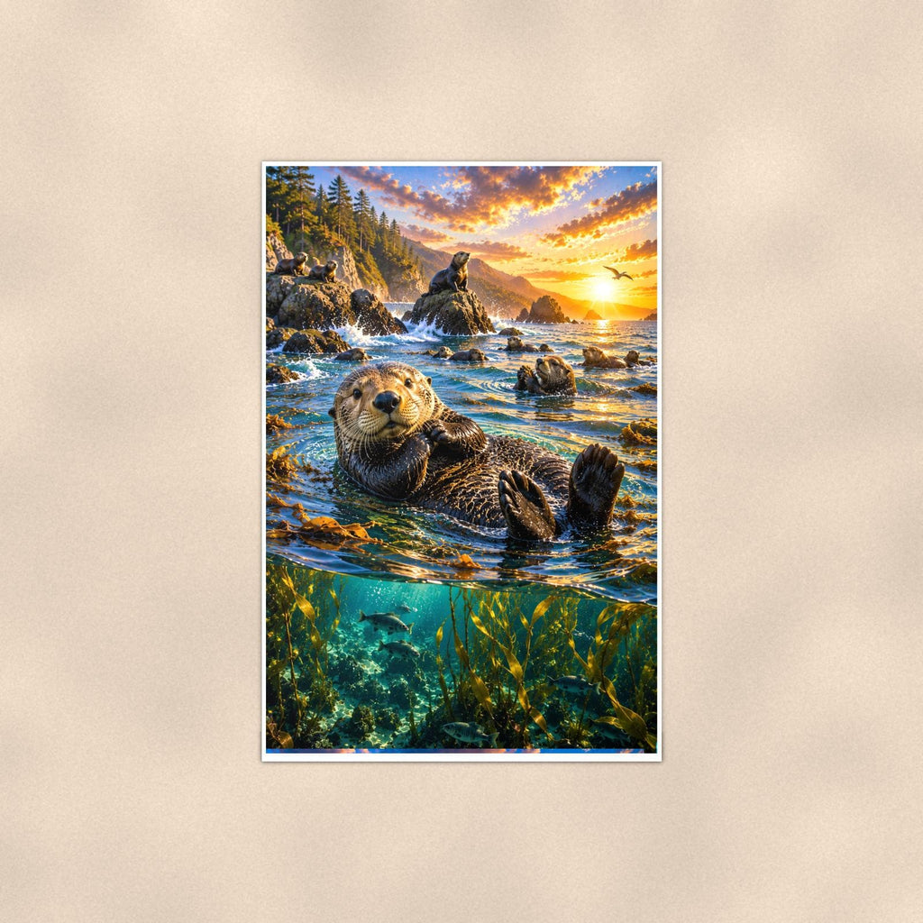 Sea Otter — 24x36 in art print poster, premium luster paper with a white border; poster shown straight on against a warm wall.