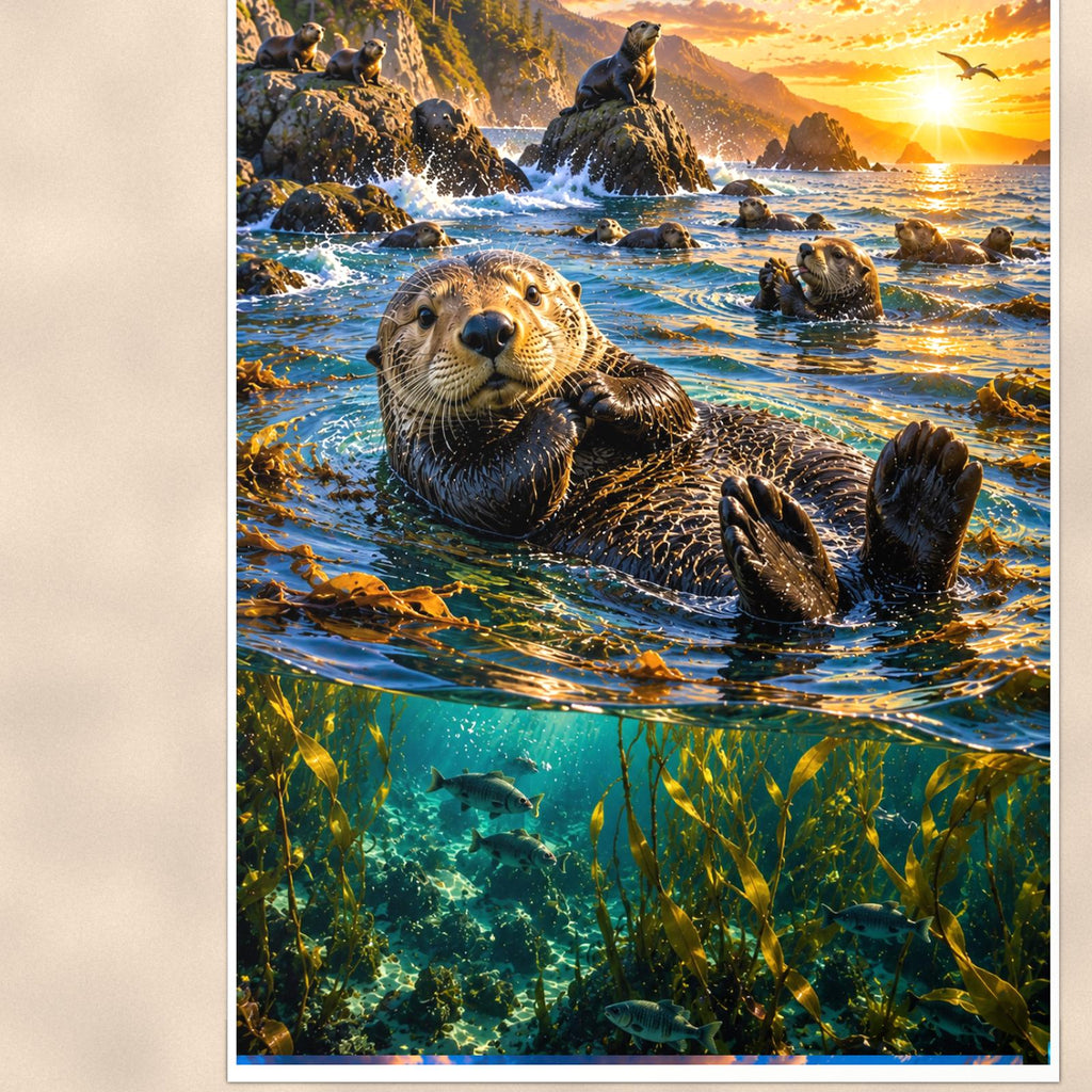 Sea Otter — 24x36 in art print poster, premium luster paper with a white border; close-up framed on the main subject of the artwork, paper surface visible.