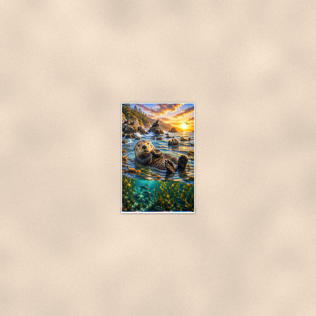 Sea Otter — 24x36 in art print poster, premium luster paper with a white border; poster seen from further back, at true 24x36 in scale on a warm wall.