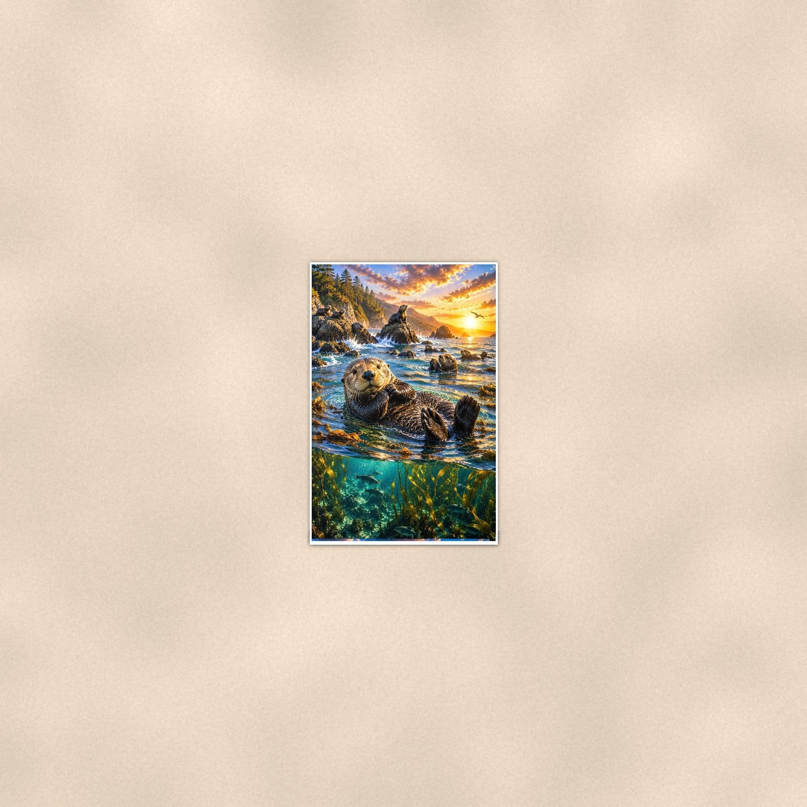 Sea Otter — 24x36 in art print poster, premium luster paper with a white border; poster seen from further back, at true 24x36 in scale on a warm wall.