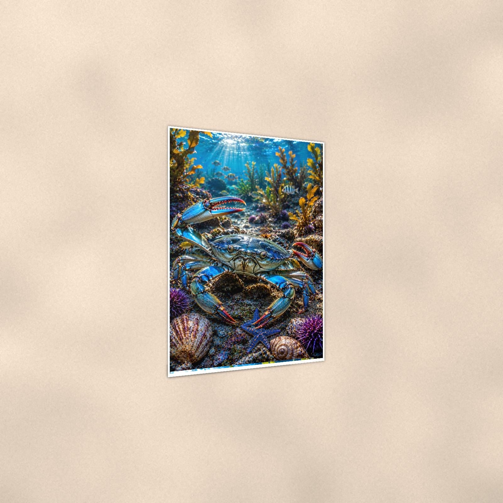 Spiny Lobster — 24x36 in art print poster, premium luster paper with a white border; gentle three-quarter angle on a warm wall, showing the flat paper edge.