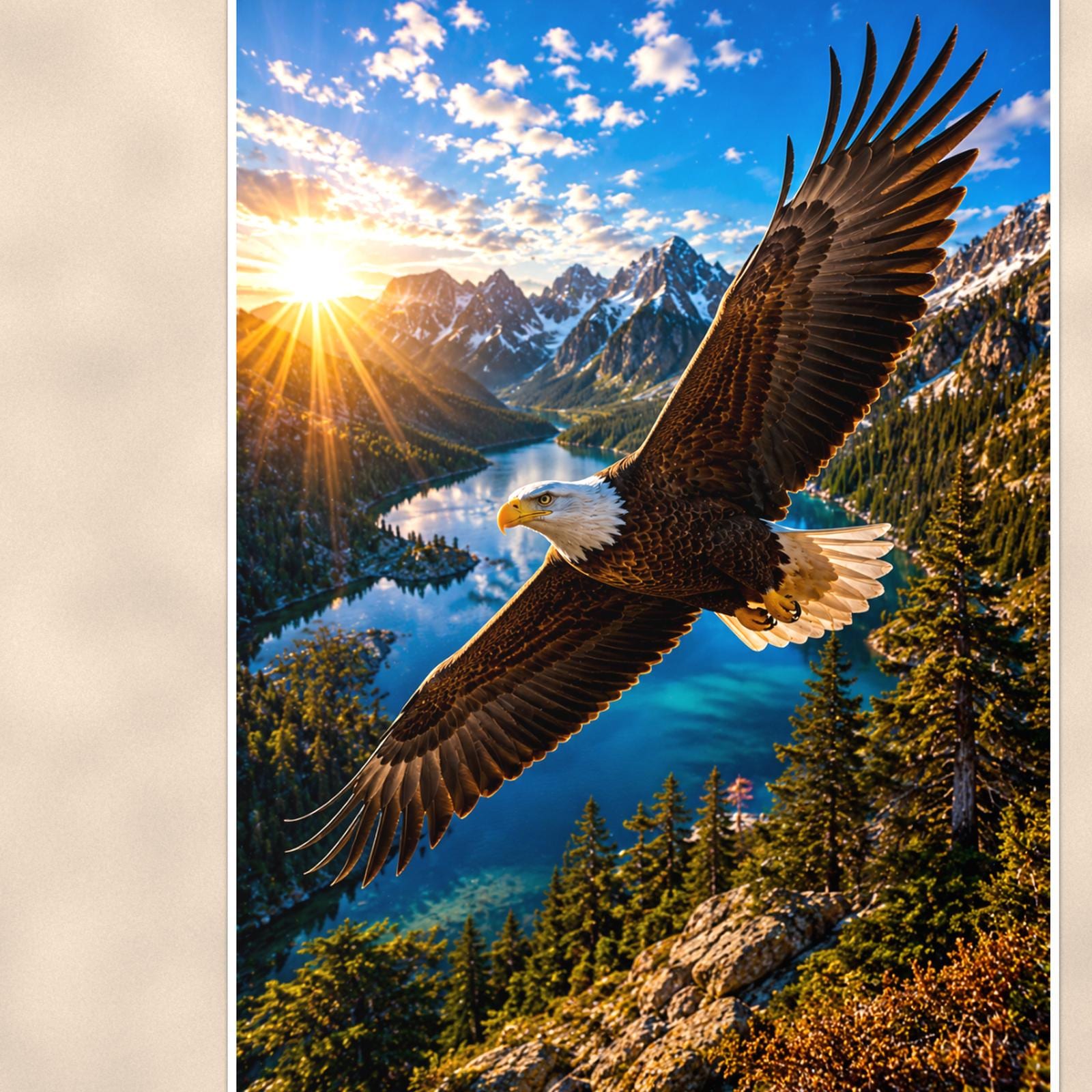 Bald Eagle in Flight — 24x36 in art print poster, premium luster paper with a white border; close-up framed on the main subject of the artwork, paper surface visible.