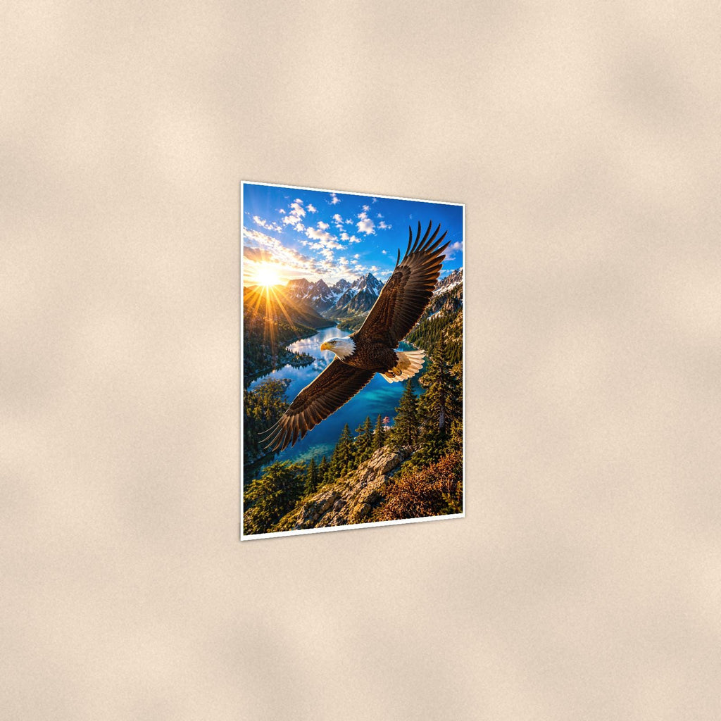 Bald Eagle in Flight — 24x36 in art print poster, premium luster paper with a white border; gentle three-quarter angle on a warm wall, showing the flat paper edge.
