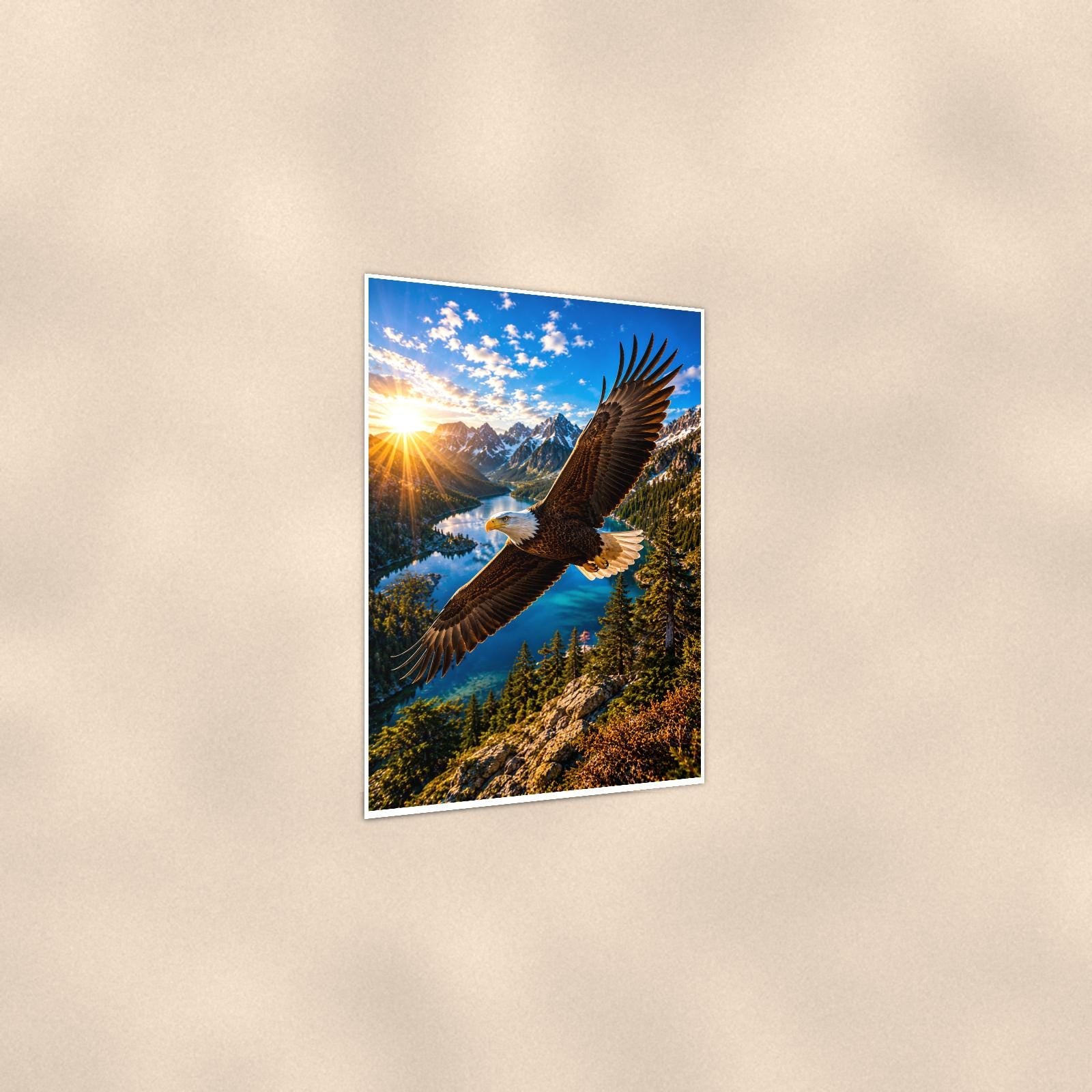 Bald Eagle in Flight — 24x36 in art print poster, premium luster paper with a white border; gentle three-quarter angle on a warm wall, showing the flat paper edge.