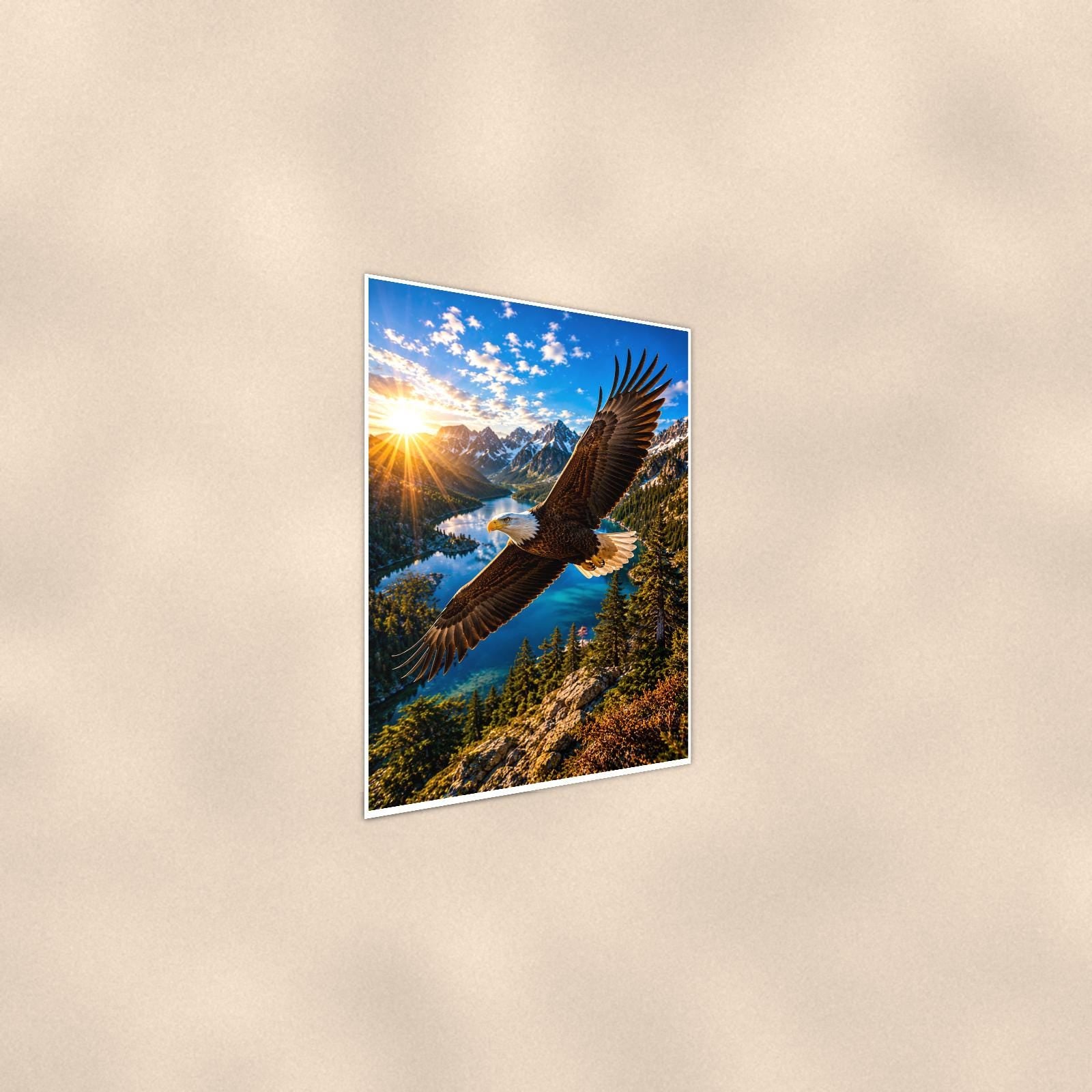 Bald Eagle in Flight — 24x36 in art print poster, premium luster paper with a white border; steeper three-quarter angle on a warm wall, catching the luster sheen.