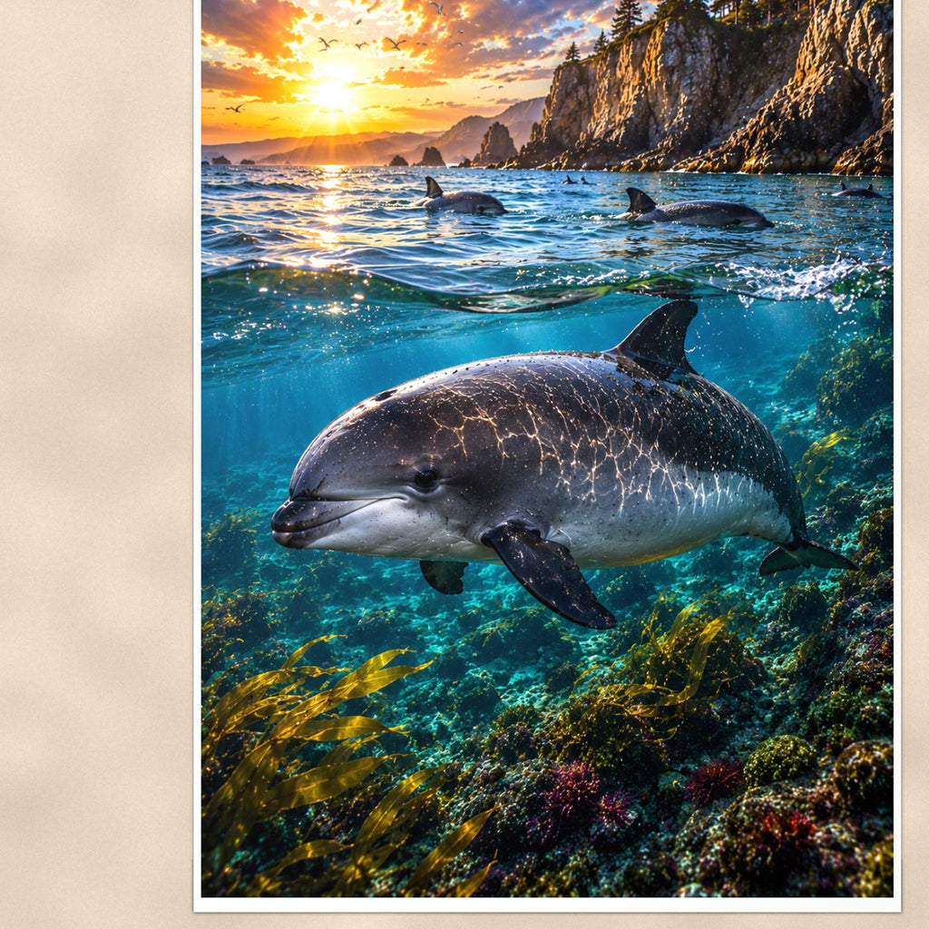 Dolphin Leaping — 24x36 in art print poster, premium luster paper with a white border; close-up framed on the main subject of the artwork, paper surface visible.