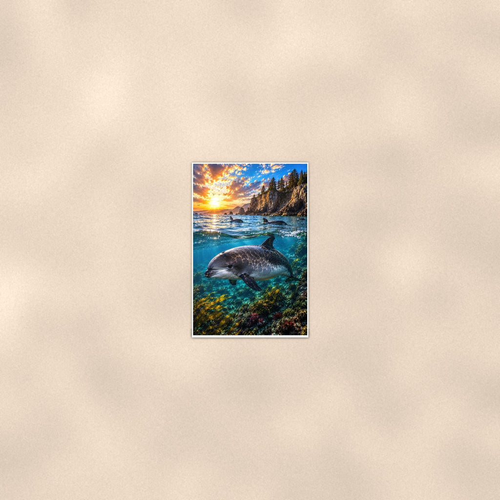 Dolphin Leaping — 24x36 in art print poster, premium luster paper with a white border; poster seen from further back, at true 24x36 in scale on a warm wall.
