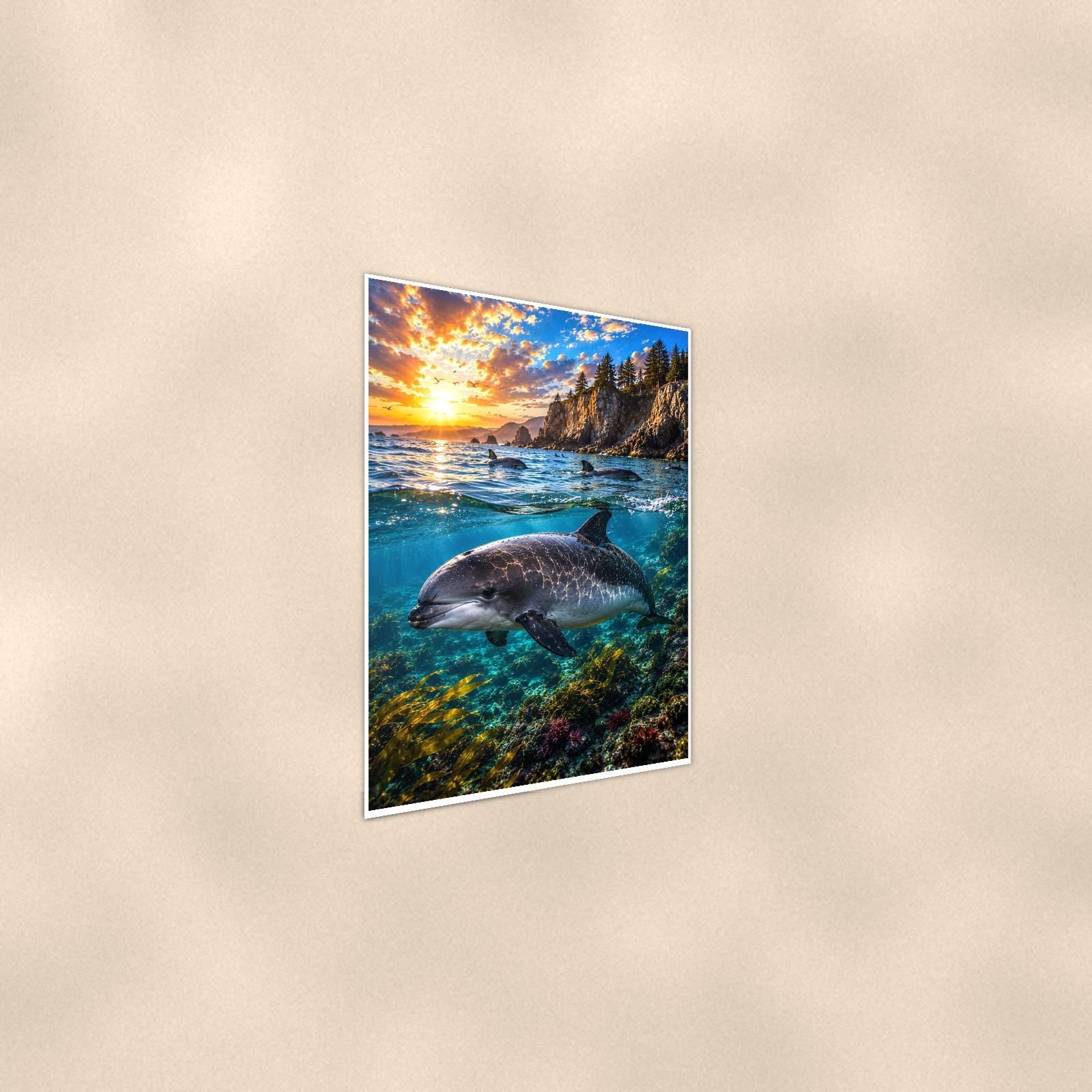Dolphin Leaping — 24x36 in art print poster, premium luster paper with a white border; steeper three-quarter angle on a warm wall, catching the luster sheen.