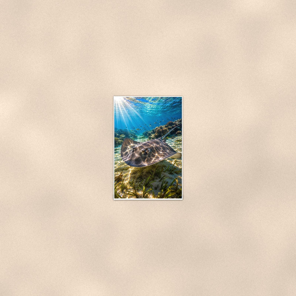 Sea Turtle Swimming — 24x36 in art print poster, premium luster paper with a white border; poster seen from further back, at true 24x36 in scale on a warm wall.