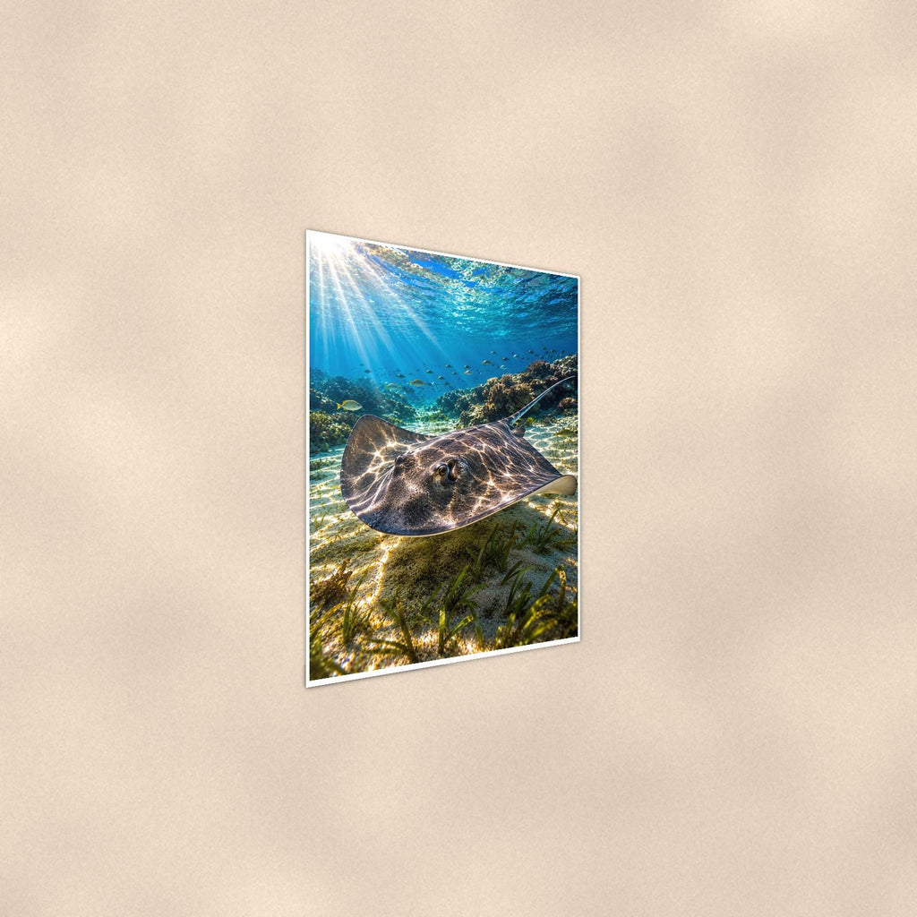 Sea Turtle Swimming — 24x36 in art print poster, premium luster paper with a white border; steeper three-quarter angle on a warm wall, catching the luster sheen.