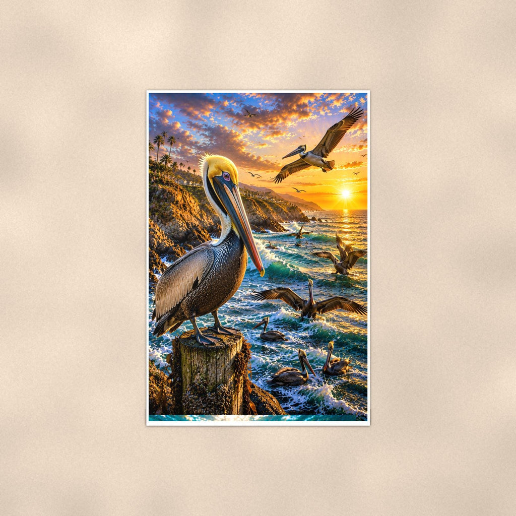 Pelican — 24x36 in art print poster, premium luster paper with a white border; poster shown straight on against a warm wall.