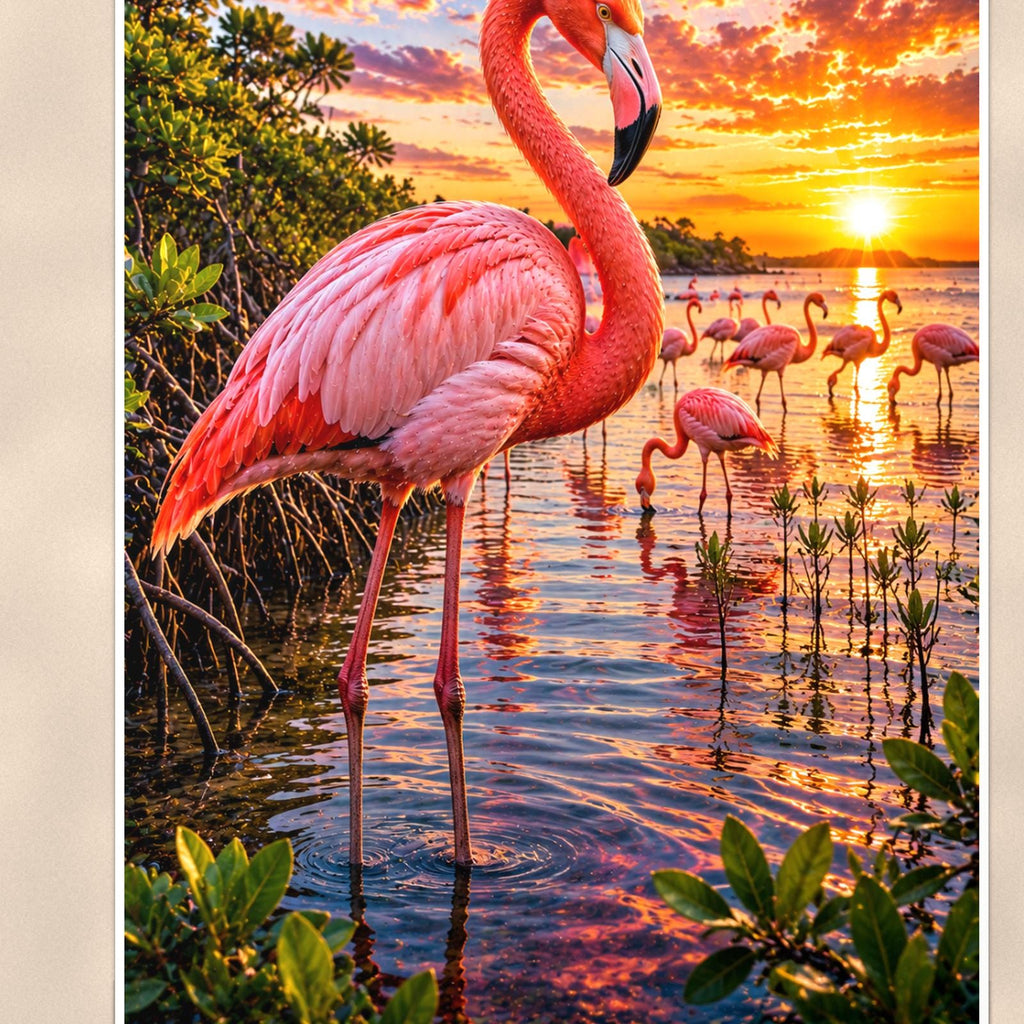 Flamingo — 24x36 in art print poster, premium luster paper with a white border; close-up framed on the main subject of the artwork, paper surface visible.