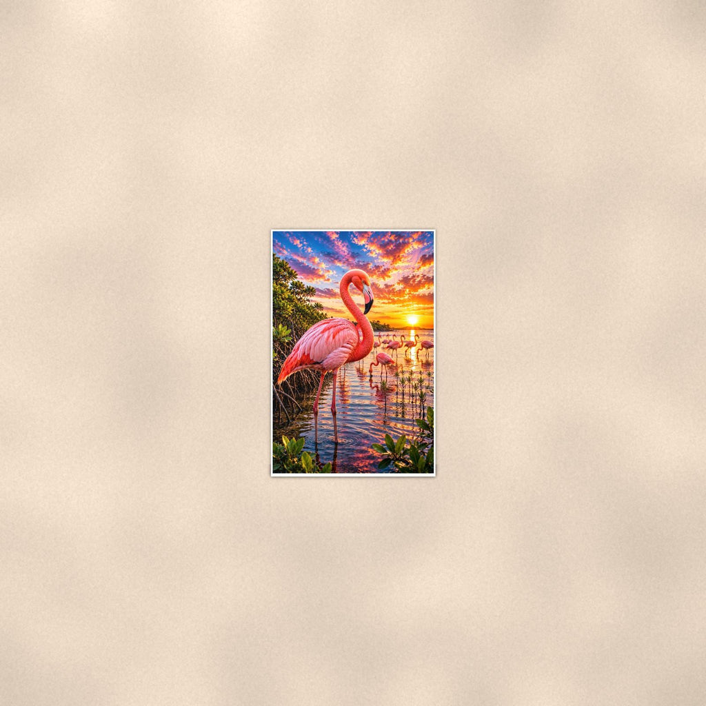 Flamingo — 24x36 in art print poster, premium luster paper with a white border; poster seen from further back, at true 24x36 in scale on a warm wall.