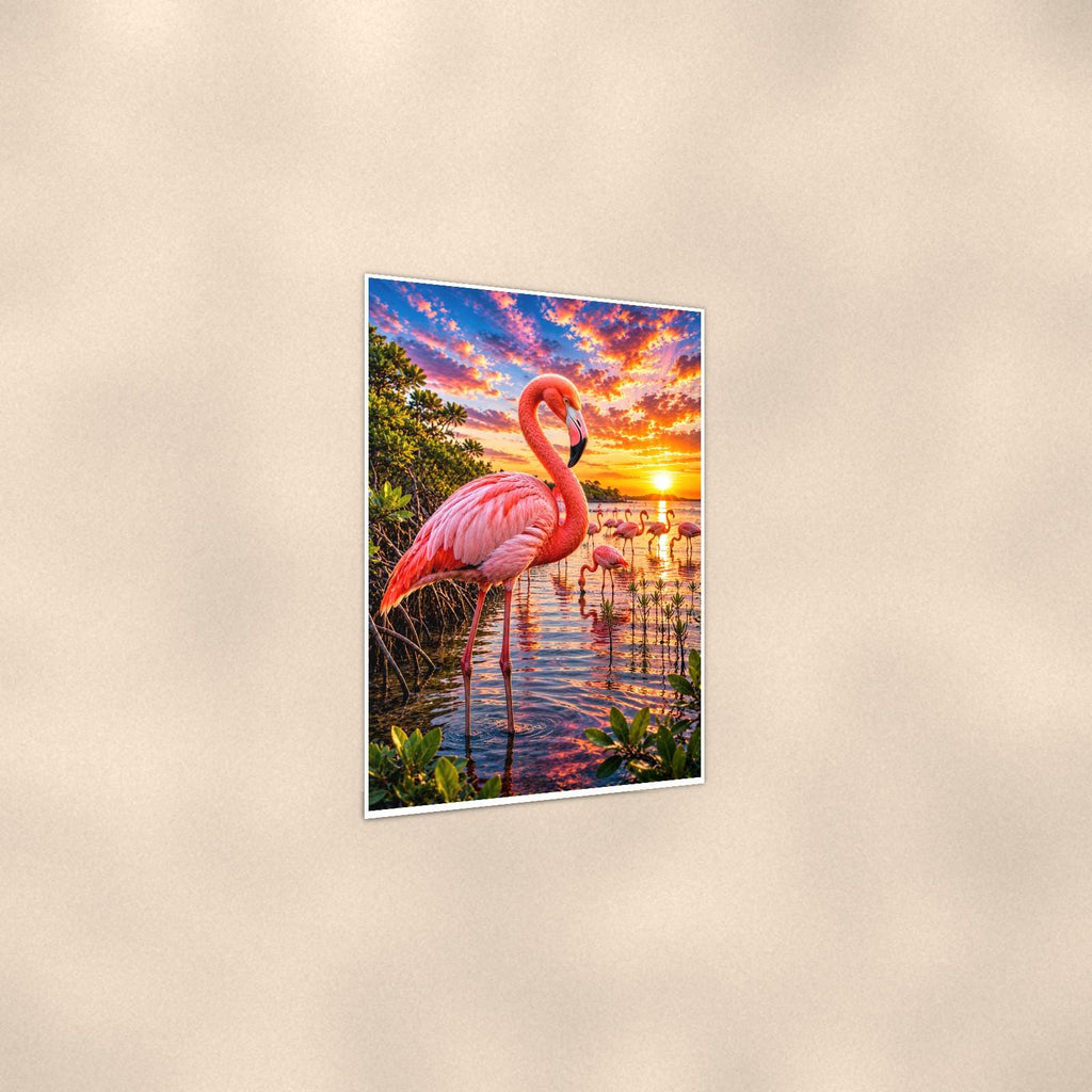 Flamingo — 24x36 in art print poster, premium luster paper with a white border; gentle three-quarter angle on a warm wall, showing the flat paper edge.
