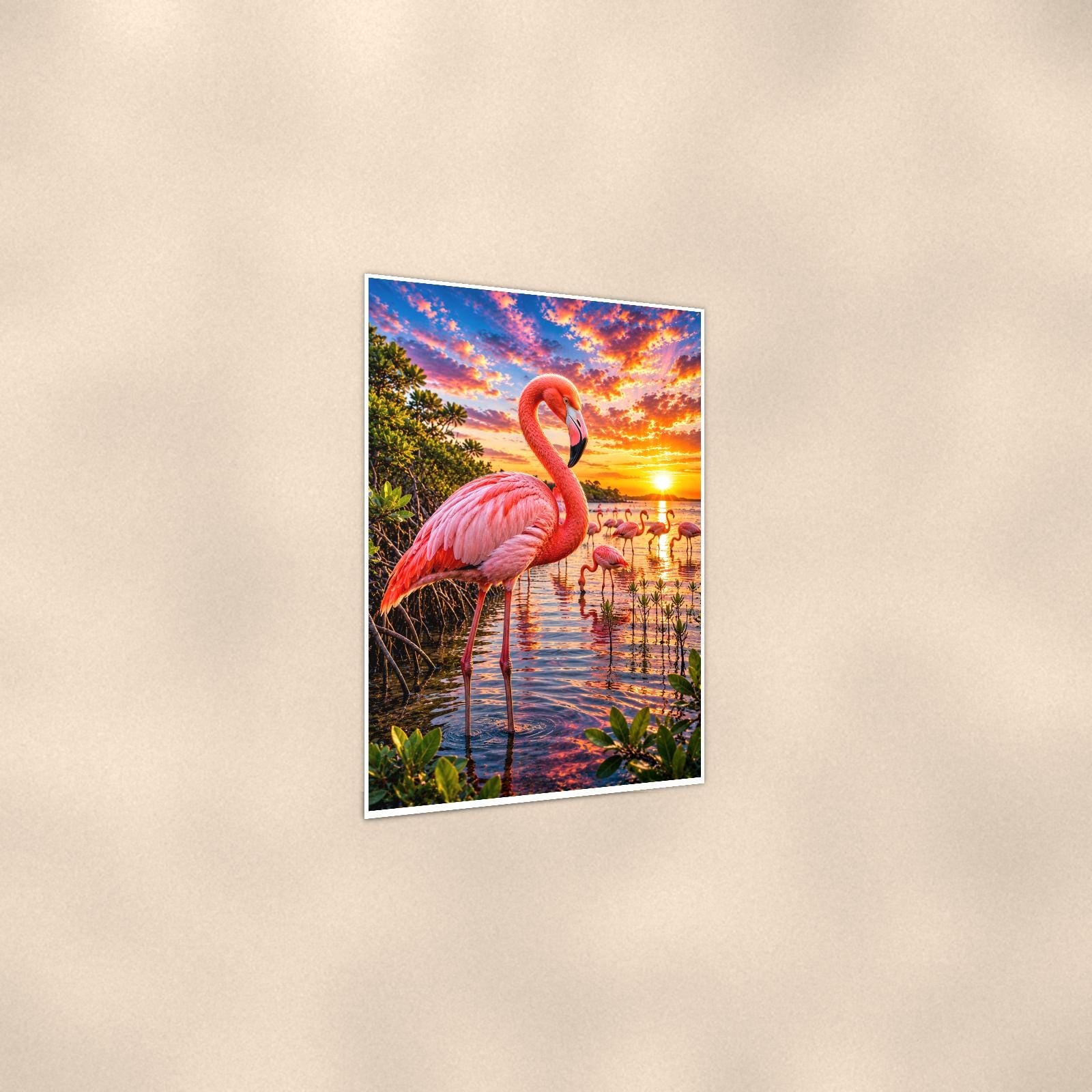 Flamingo — 24x36 in art print poster, premium luster paper with a white border; gentle three-quarter angle on a warm wall, showing the flat paper edge.