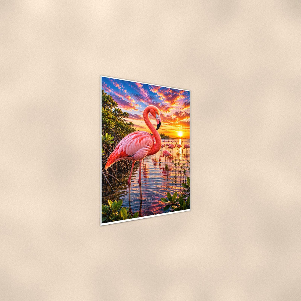 Flamingo — 24x36 in art print poster, premium luster paper with a white border; steeper three-quarter angle on a warm wall, catching the luster sheen.