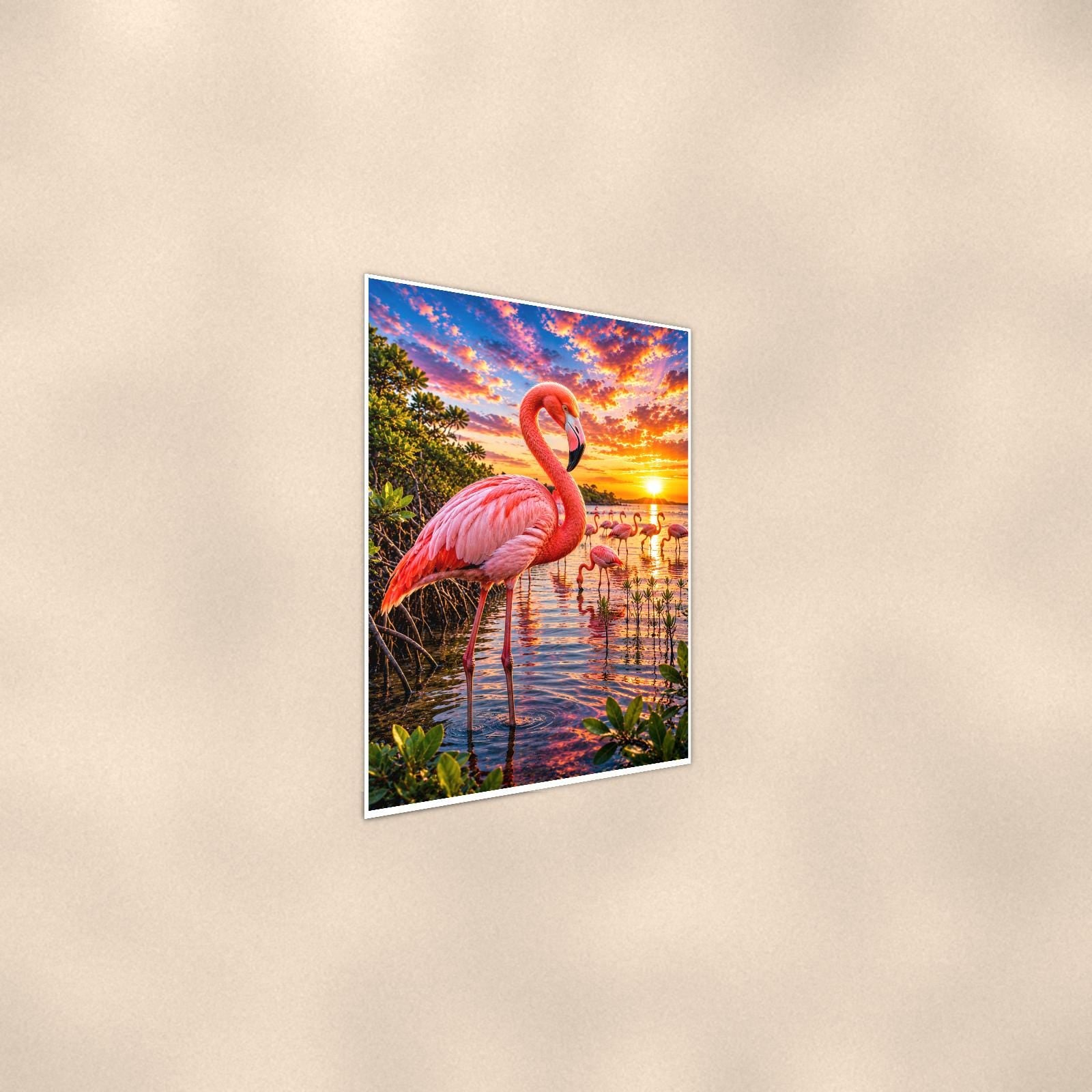 Flamingo — 24x36 in art print poster, premium luster paper with a white border; steeper three-quarter angle on a warm wall, catching the luster sheen.