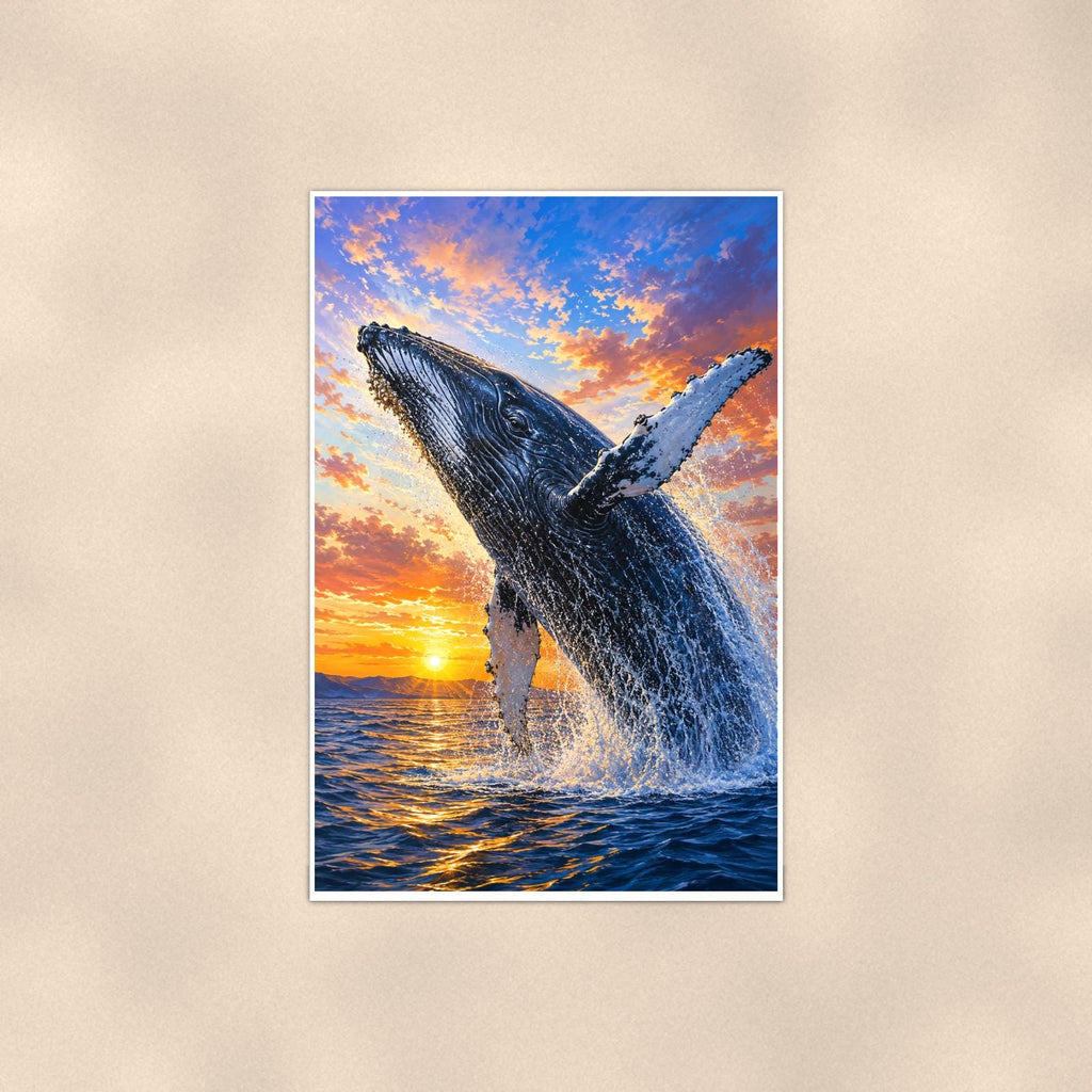 Humpback Whale Breaching — 24x36 in art print poster, premium luster paper with a white border; poster shown straight on against a warm wall.