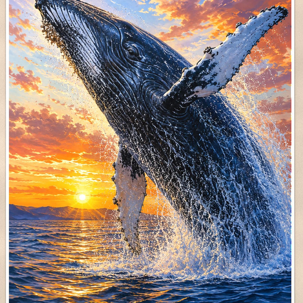 Humpback Whale Breaching — 24x36 in art print poster, premium luster paper with a white border; close-up framed on the main subject of the artwork, paper surface visible.