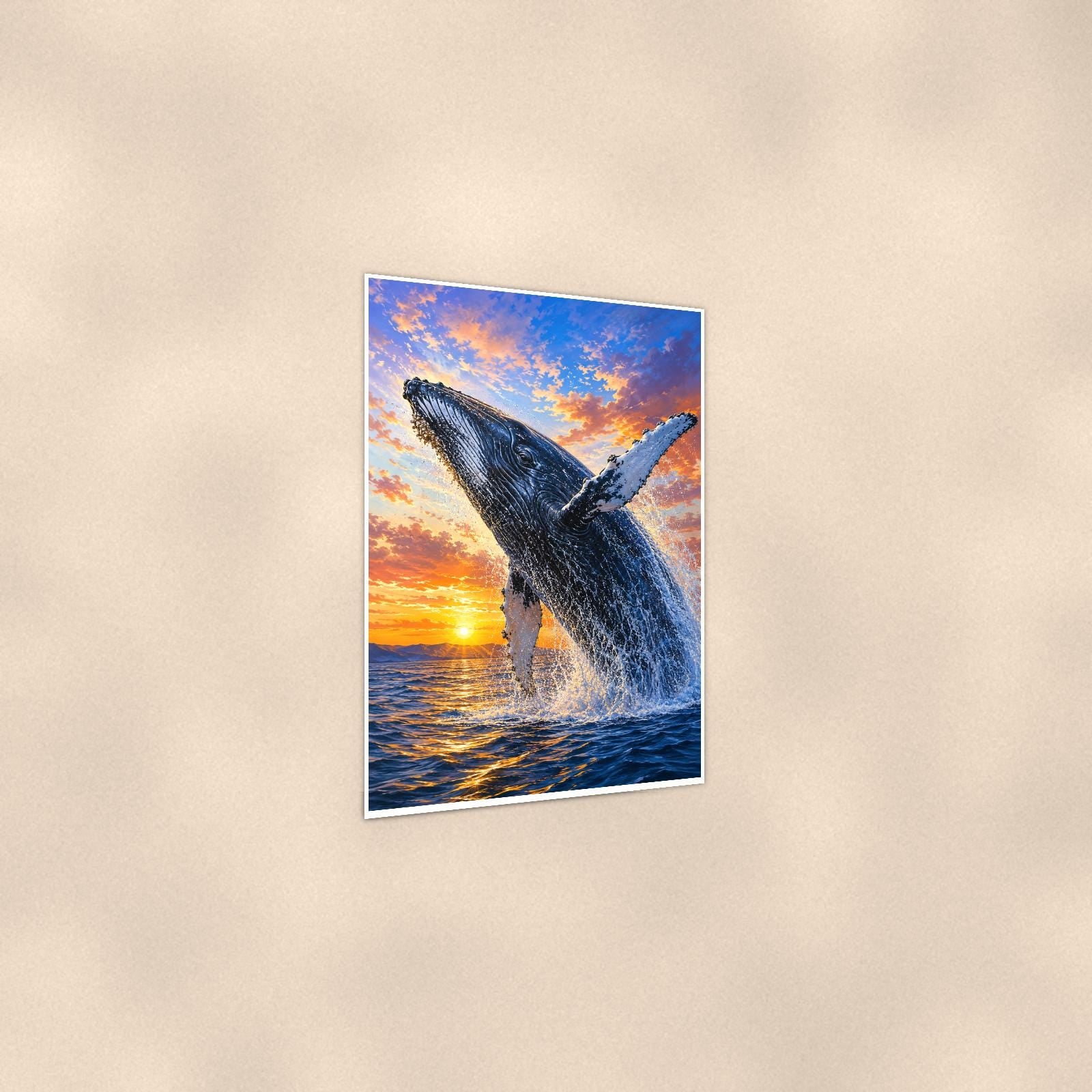 Humpback Whale Breaching — 24x36 in art print poster, premium luster paper with a white border; gentle three-quarter angle on a warm wall, showing the flat paper edge.