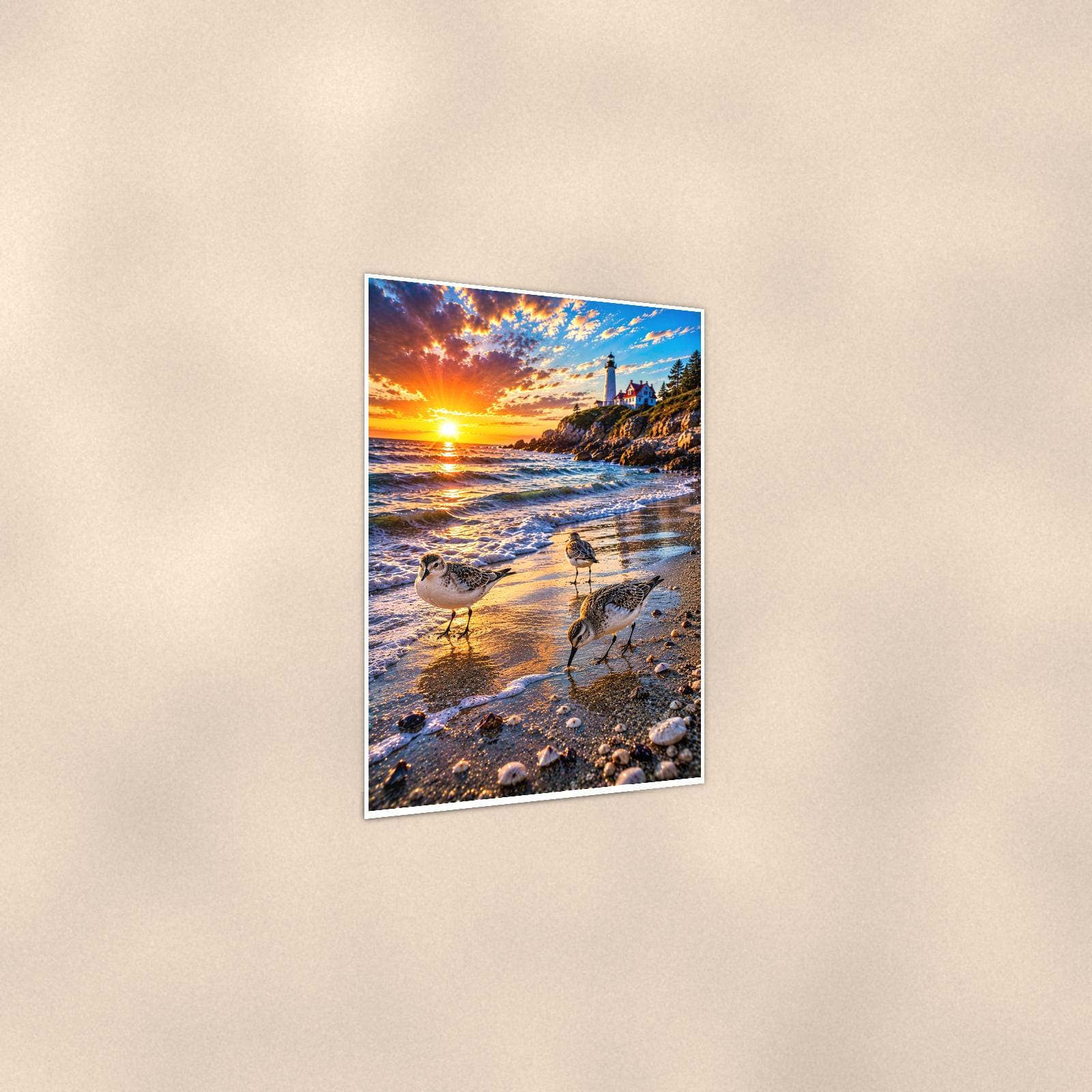 Tidepool Scene — 24x36 in art print poster, premium luster paper with a white border; gentle three-quarter angle on a warm wall, showing the flat paper edge.