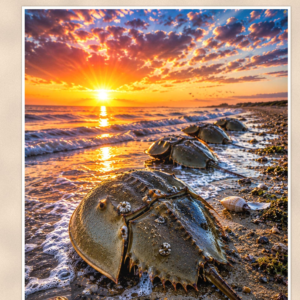 Horseshoe Crab on Sand — 24x36 in art print poster, premium luster paper with a white border; close-up framed on the main subject of the artwork, paper surface visible.