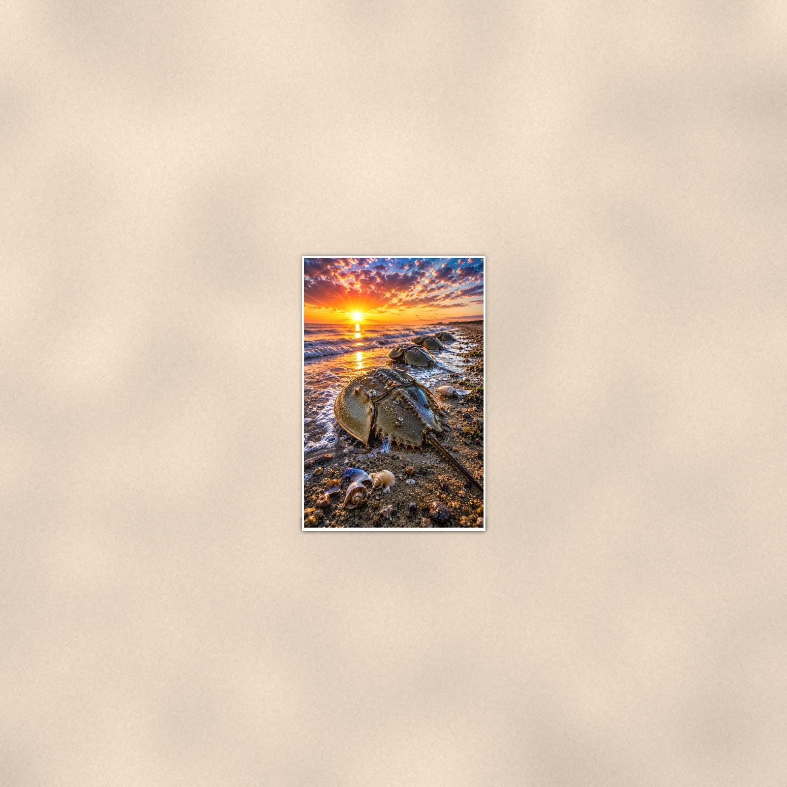 Horseshoe Crab on Sand — 24x36 in art print poster, premium luster paper with a white border; poster seen from further back, at true 24x36 in scale on a warm wall.