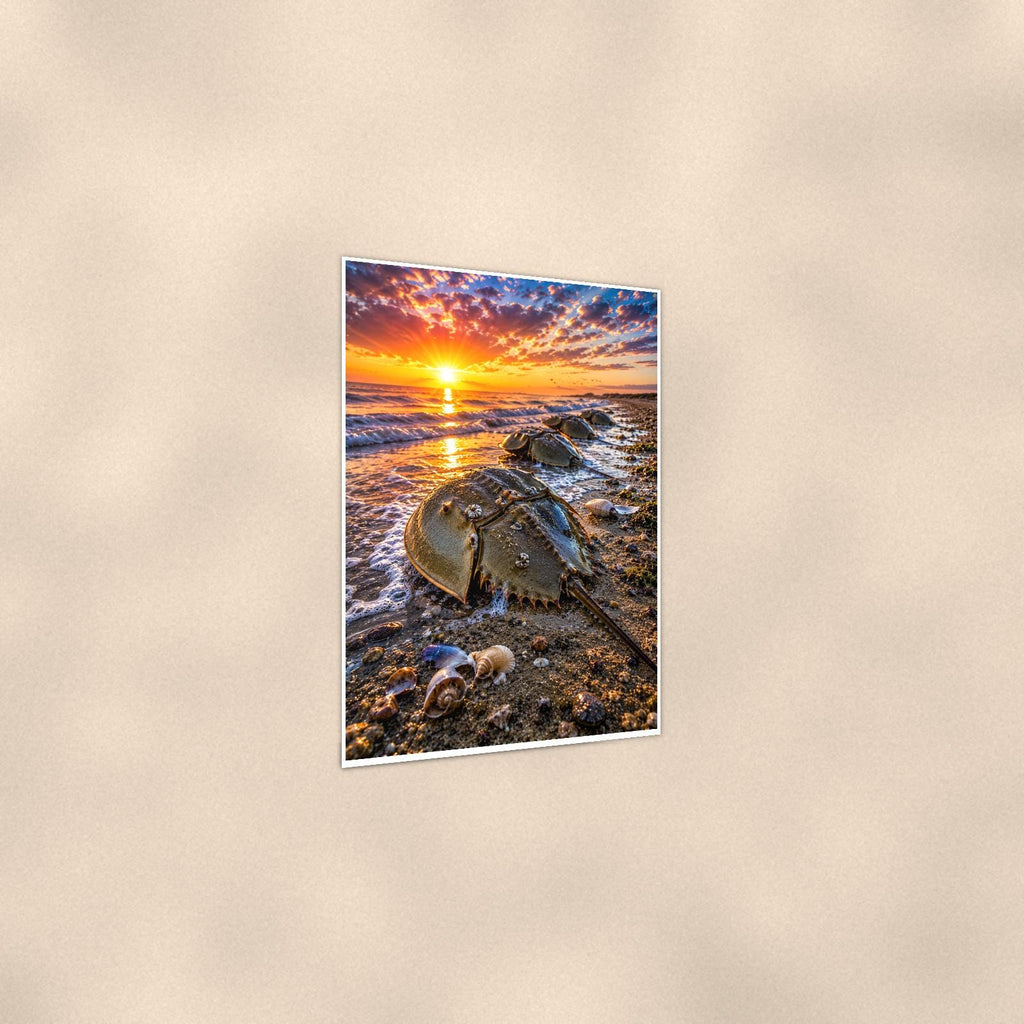 Horseshoe Crab on Sand — 24x36 in art print poster, premium luster paper with a white border; gentle three-quarter angle on a warm wall, showing the flat paper edge.