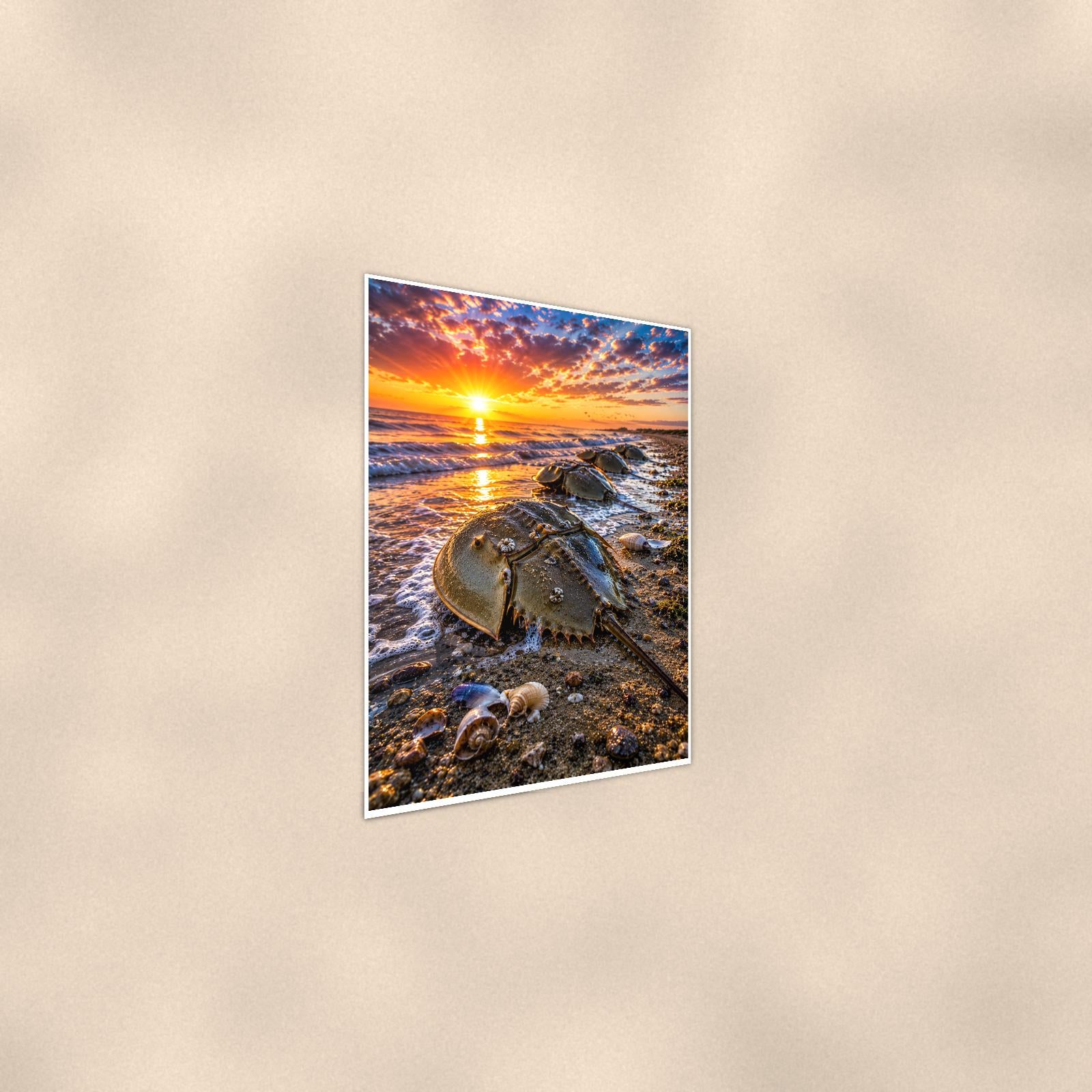 Horseshoe Crab on Sand — 24x36 in art print poster, premium luster paper with a white border; steeper three-quarter angle on a warm wall, catching the luster sheen.