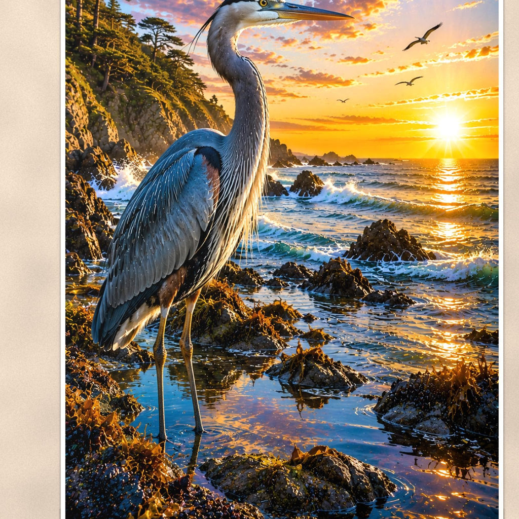 Great Blue Heron — 24x36 in art print poster, premium luster paper with a white border; close-up framed on the main subject of the artwork, paper surface visible.