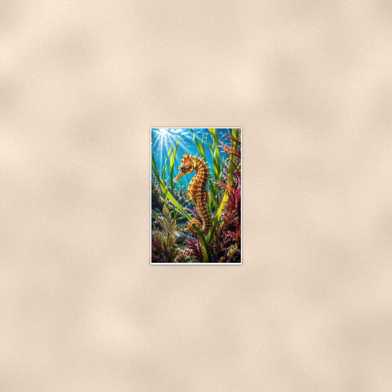 Seahorse — 24x36 in art print poster, premium luster paper with a white border; poster seen from further back, at true 24x36 in scale on a warm wall.