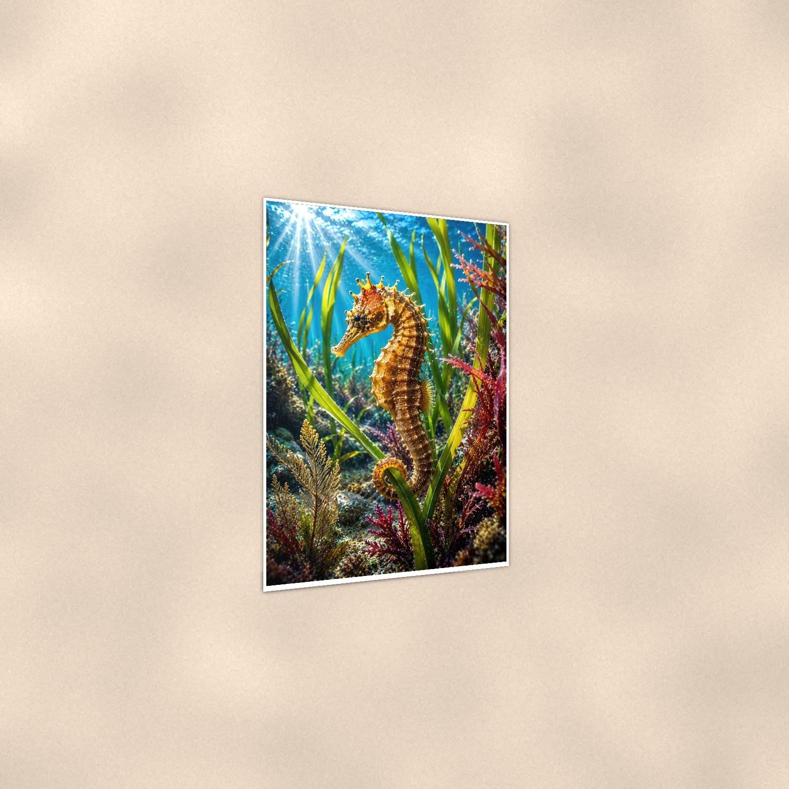 Seahorse — 24x36 in art print poster, premium luster paper with a white border; gentle three-quarter angle on a warm wall, showing the flat paper edge.