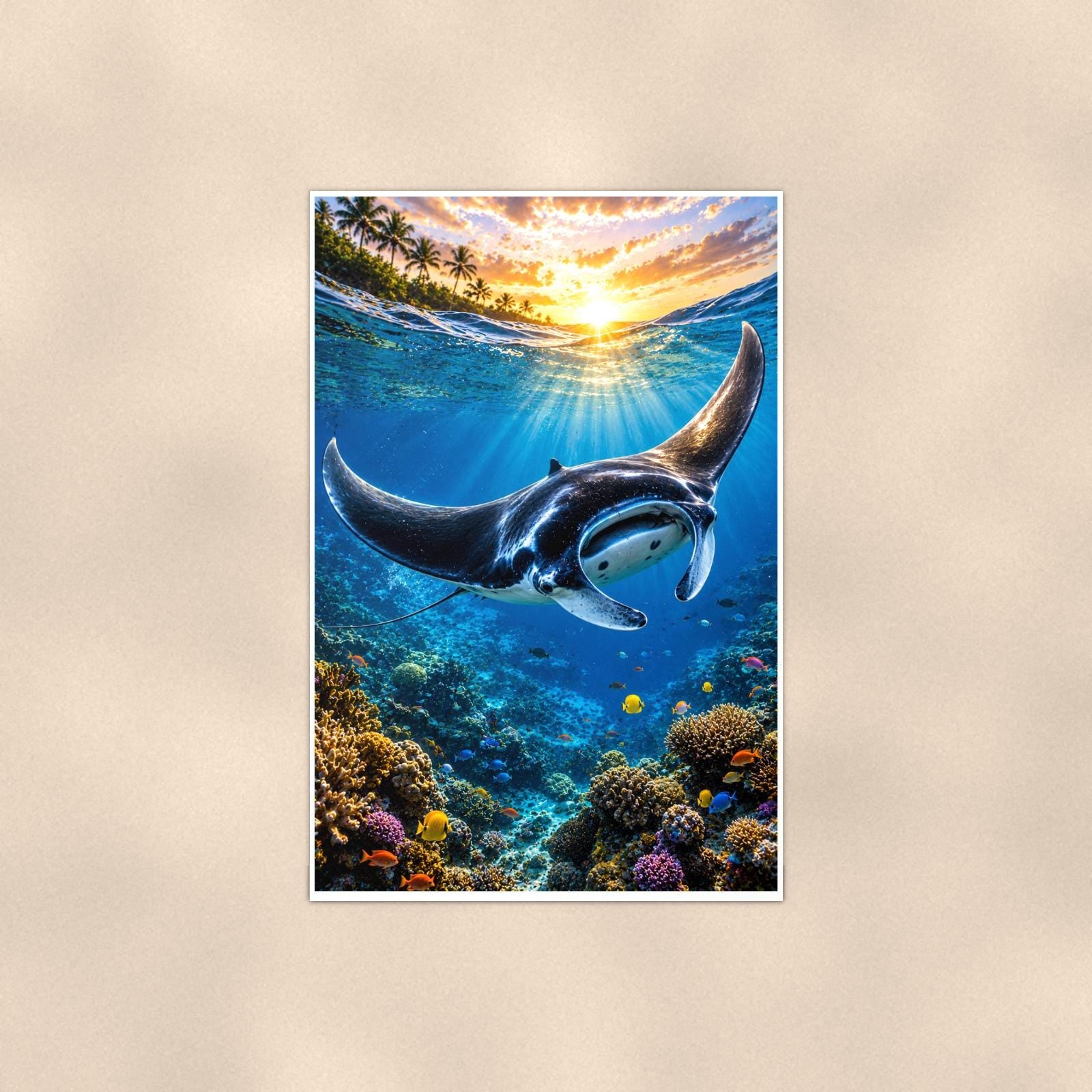 Manta Ray — 24x36 in art print poster, premium luster paper with a white border; poster shown straight on against a warm wall.