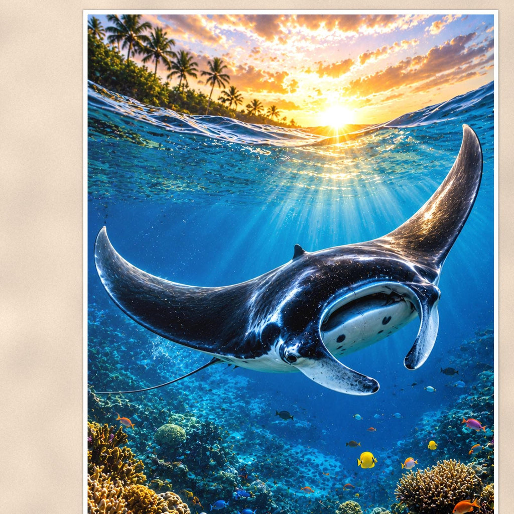 Manta Ray — 24x36 in art print poster, premium luster paper with a white border; close-up framed on the main subject of the artwork, paper surface visible.