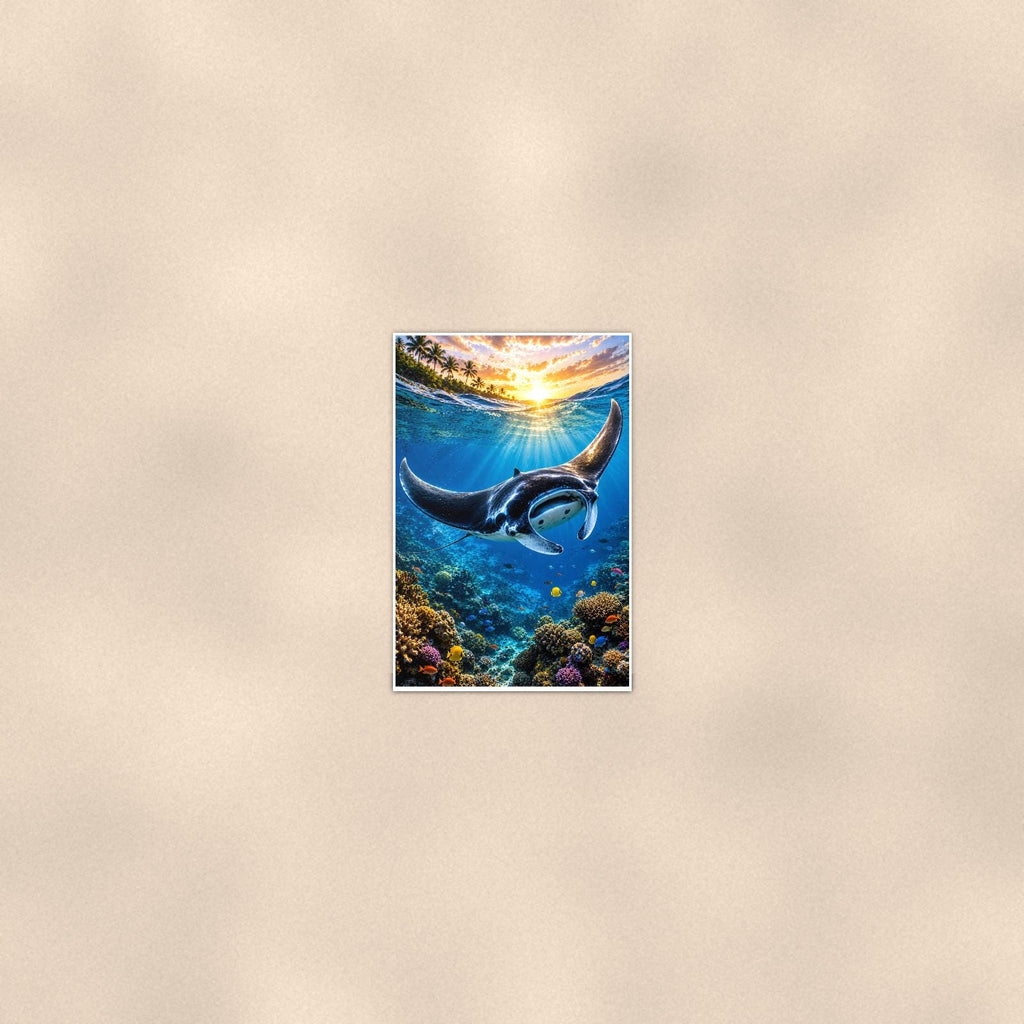 Manta Ray — 24x36 in art print poster, premium luster paper with a white border; poster seen from further back, at true 24x36 in scale on a warm wall.