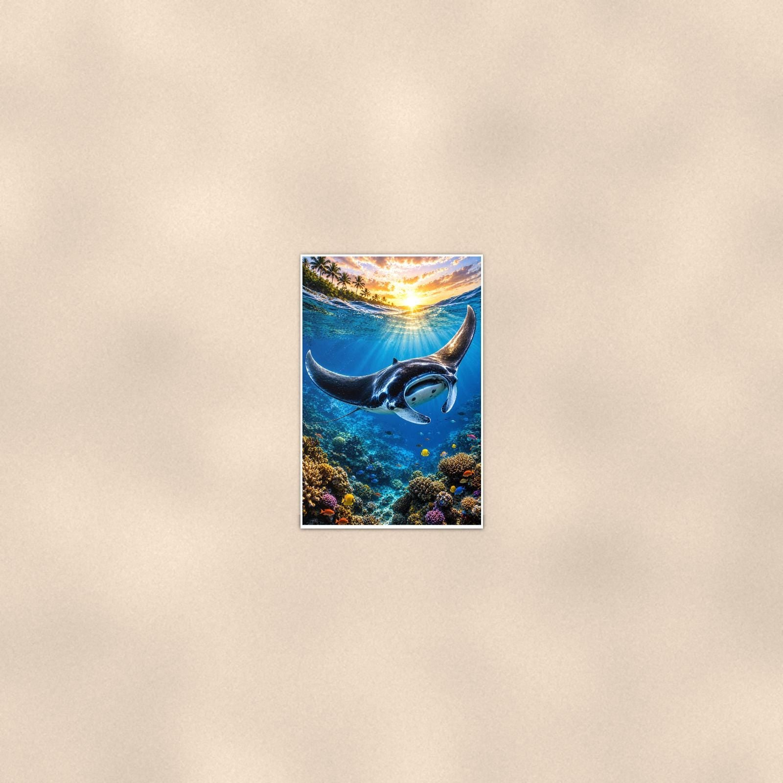 Manta Ray — 24x36 in art print poster, premium luster paper with a white border; poster seen from further back, at true 24x36 in scale on a warm wall.