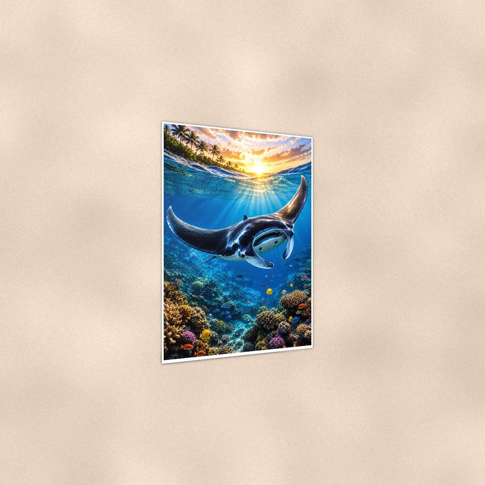 Manta Ray — 24x36 in art print poster, premium luster paper with a white border; gentle three-quarter angle on a warm wall, showing the flat paper edge.