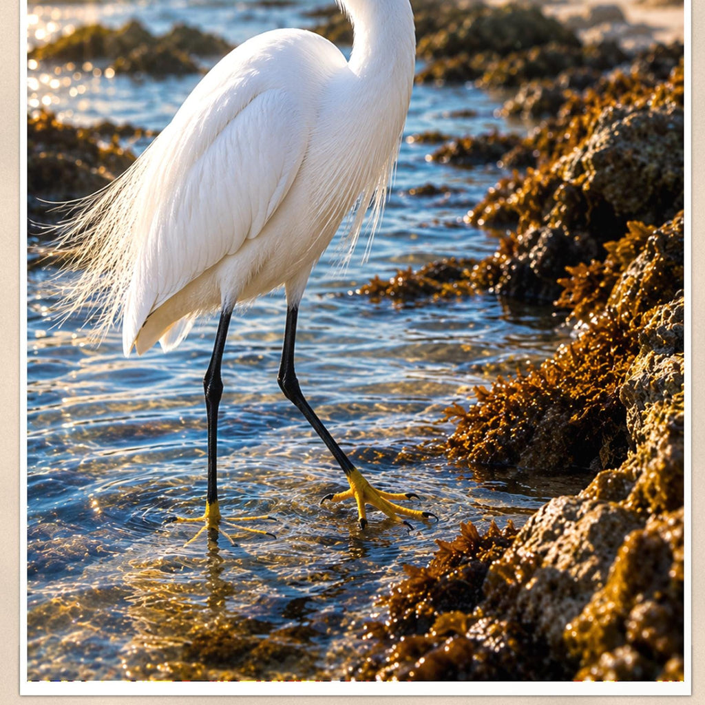Great Egret — 24x36 in art print poster, premium luster paper with a white border; close-up framed on the main subject of the artwork, paper surface visible.