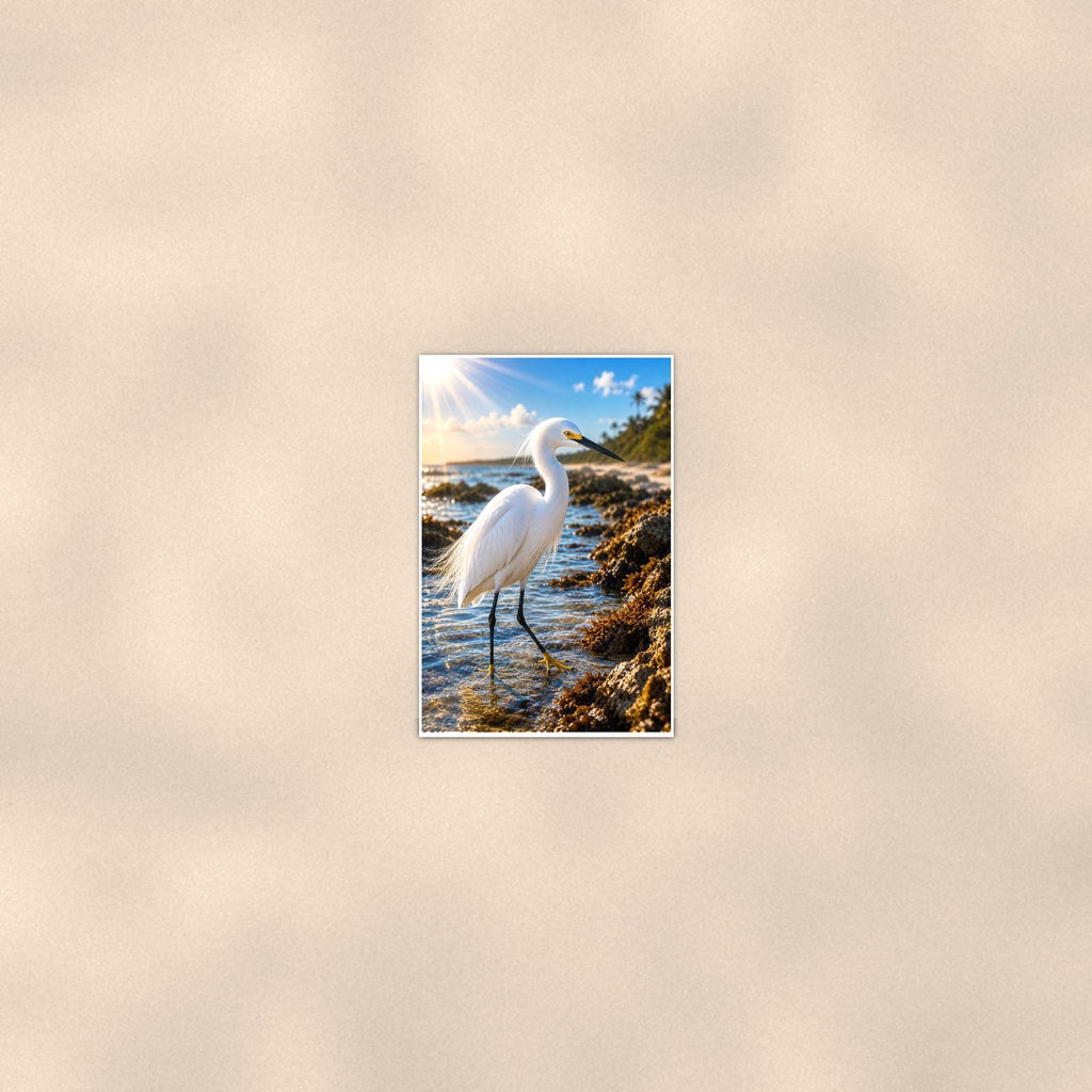 Great Egret — 24x36 in art print poster, premium luster paper with a white border; poster seen from further back, at true 24x36 in scale on a warm wall.