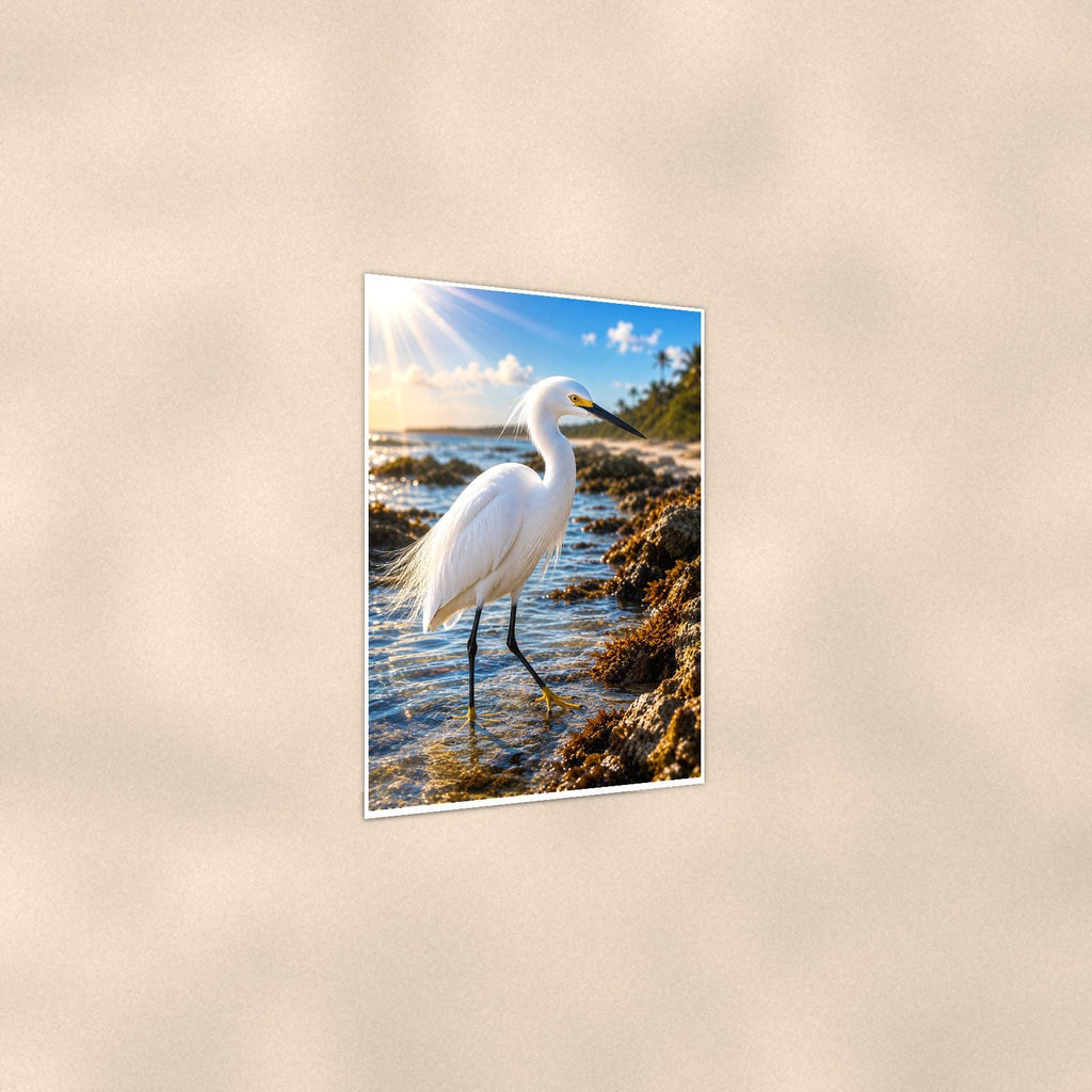 Great Egret — 24x36 in art print poster, premium luster paper with a white border; gentle three-quarter angle on a warm wall, showing the flat paper edge.