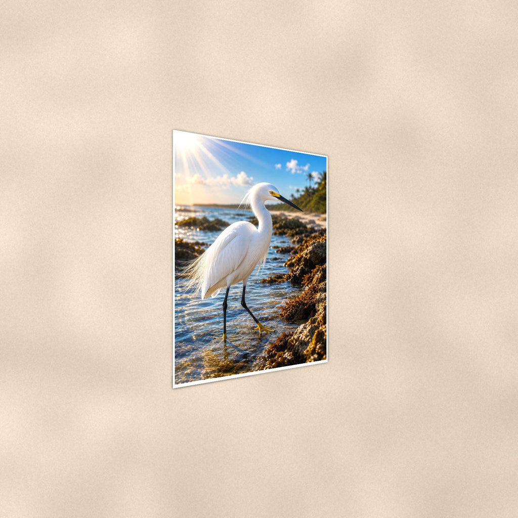 Great Egret — 24x36 in art print poster, premium luster paper with a white border; steeper three-quarter angle on a warm wall, catching the luster sheen.