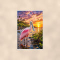 Roseate Spoonbill — 24x36 in art print poster, premium luster paper with a white border; poster shown straight on against a warm wall.