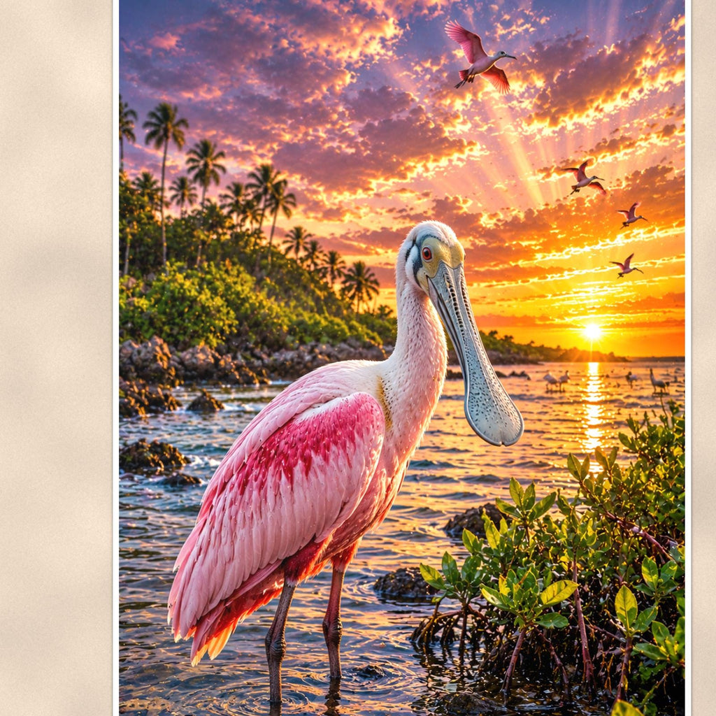 Roseate Spoonbill — 24x36 in art print poster, premium luster paper with a white border; close-up framed on the main subject of the artwork, paper surface visible.