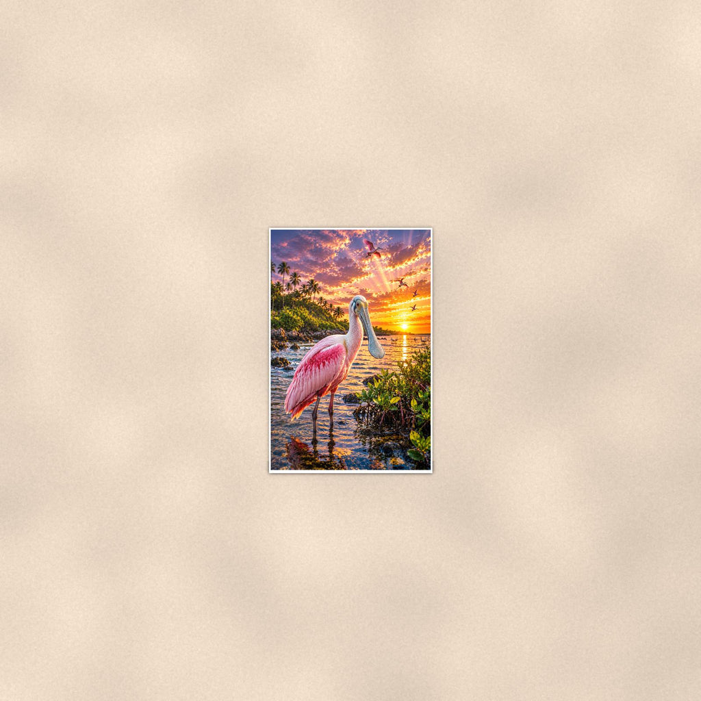 Roseate Spoonbill — 24x36 in art print poster, premium luster paper with a white border; poster seen from further back, at true 24x36 in scale on a warm wall.