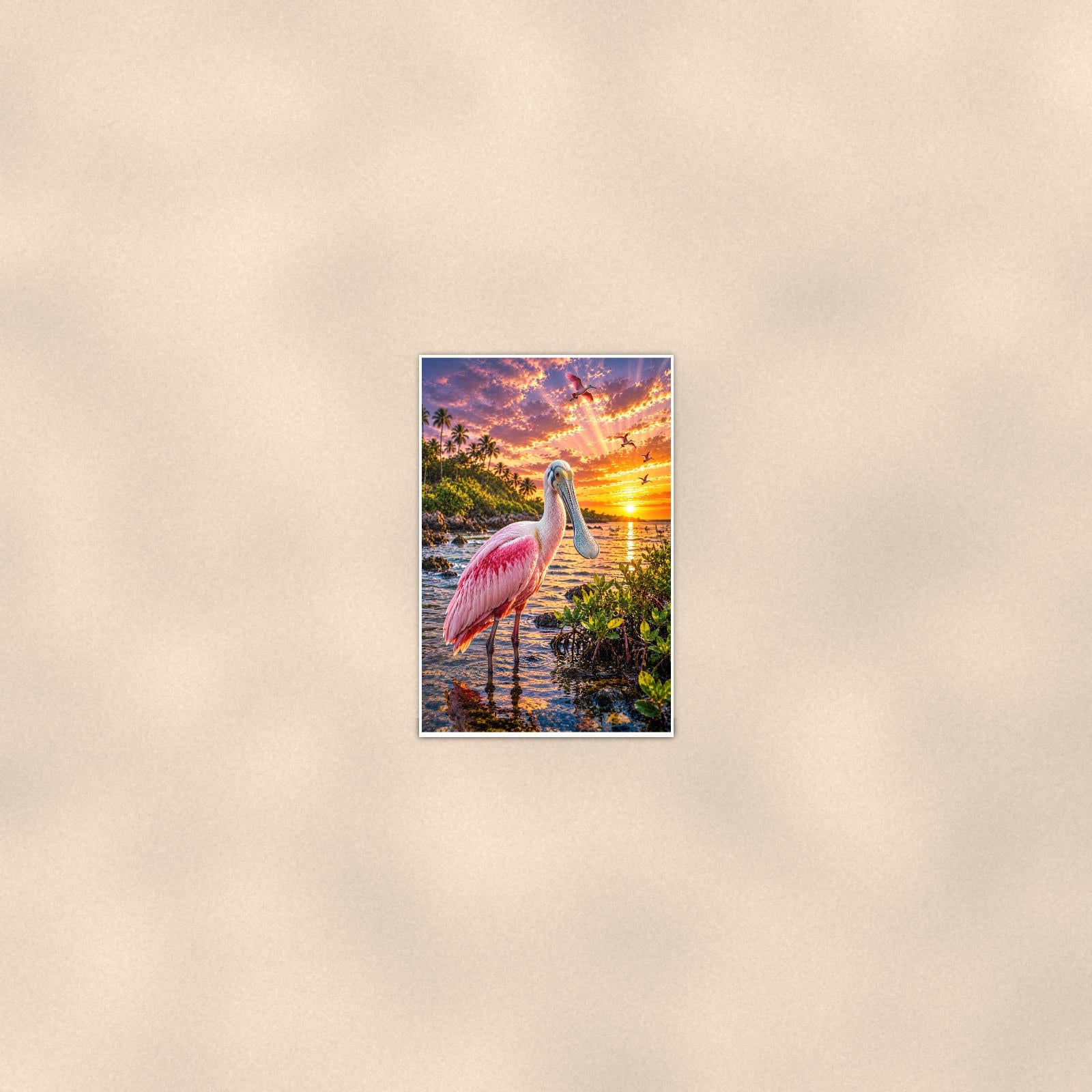 Roseate Spoonbill — 24x36 in art print poster, premium luster paper with a white border; poster seen from further back, at true 24x36 in scale on a warm wall.