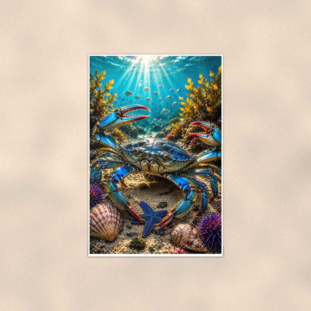 Blue Crab — 24x36 in art print poster, premium luster paper with a white border; poster shown straight on against a warm wall.