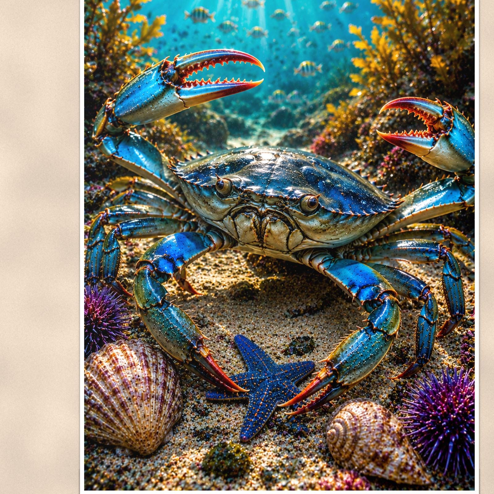 Blue Crab — 24x36 in art print poster, premium luster paper with a white border; close-up framed on the main subject of the artwork, paper surface visible.