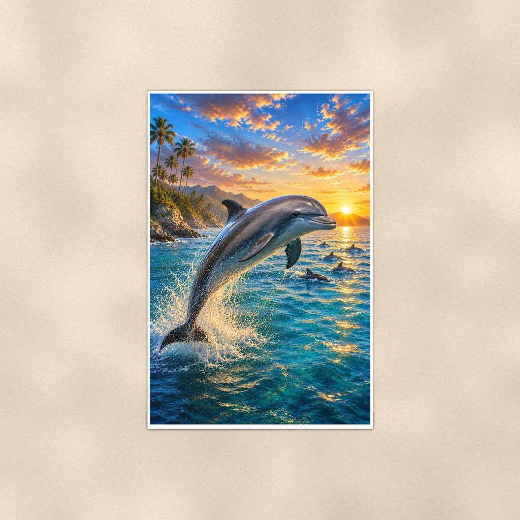 Dolphin Pod — 24x36 in art print poster, premium luster paper with a white border; poster shown straight on against a warm wall.