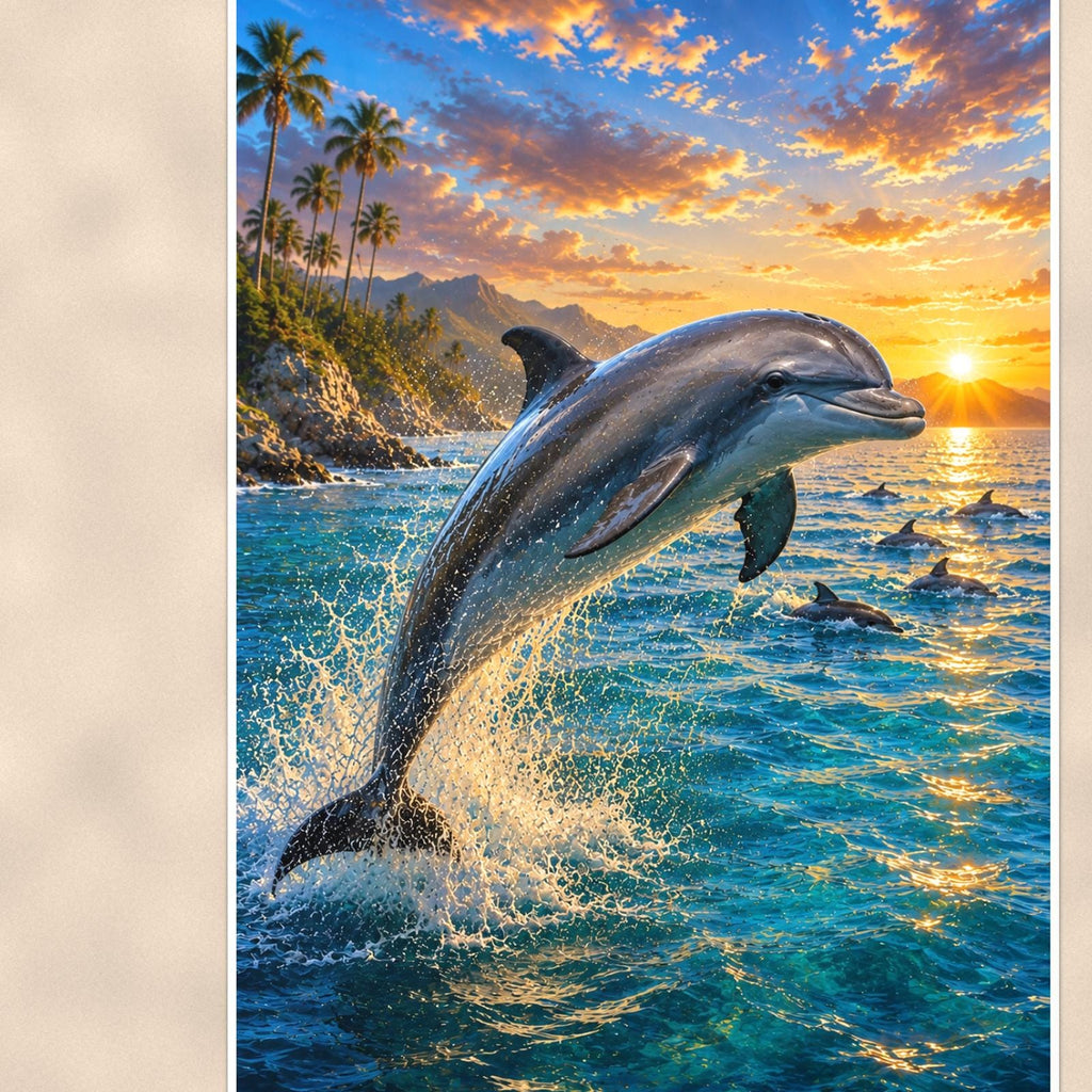 Dolphin Pod — 24x36 in art print poster, premium luster paper with a white border; close-up framed on the main subject of the artwork, paper surface visible.